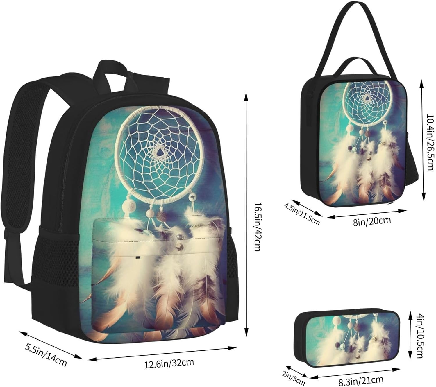 ホワイトドリームキャッチャーフェザープリントバックパック3点セット カジュアルデイパック ランチボックスペンシルケース付き レディー
