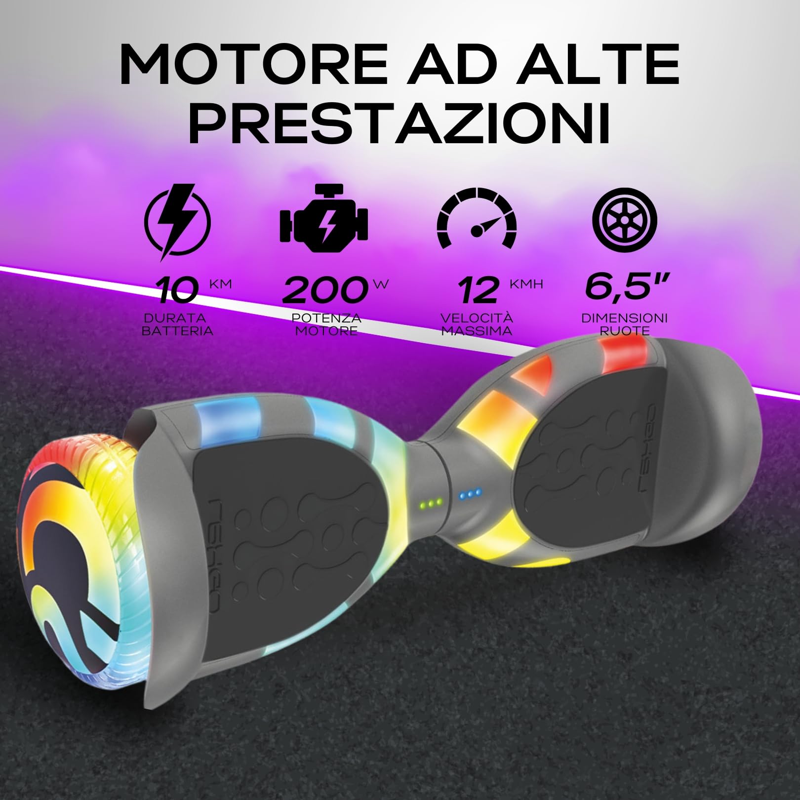 LEXGO HOVERBOARD MIRAGE GRY - Overboard Elettrico con Telaio in Acciaio, Ruote da 6,5'' e 2 motori Brushless da 200W - Hoverboard con velocità fino a 12km/h e Autonomia di 10km