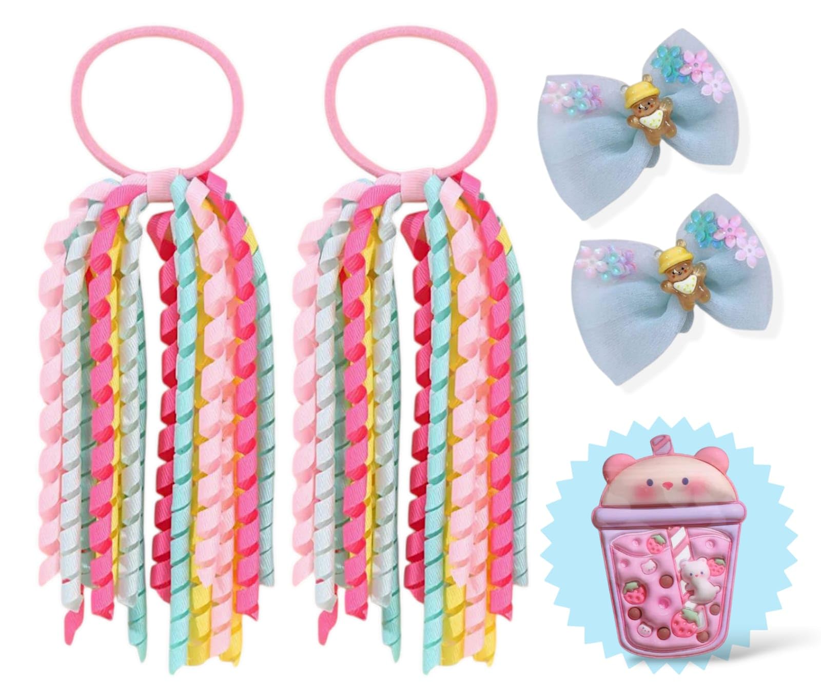 AMYCAUR Girls Hair Accessories Combo Set (Pack Of 5 Items) Colourfull Ribbon Log Curly Hair Ties Women & Teenager | Cute Hair Clips And Gift Pouch | Best Birthday Return Gifts For kids Random Color-image-45
