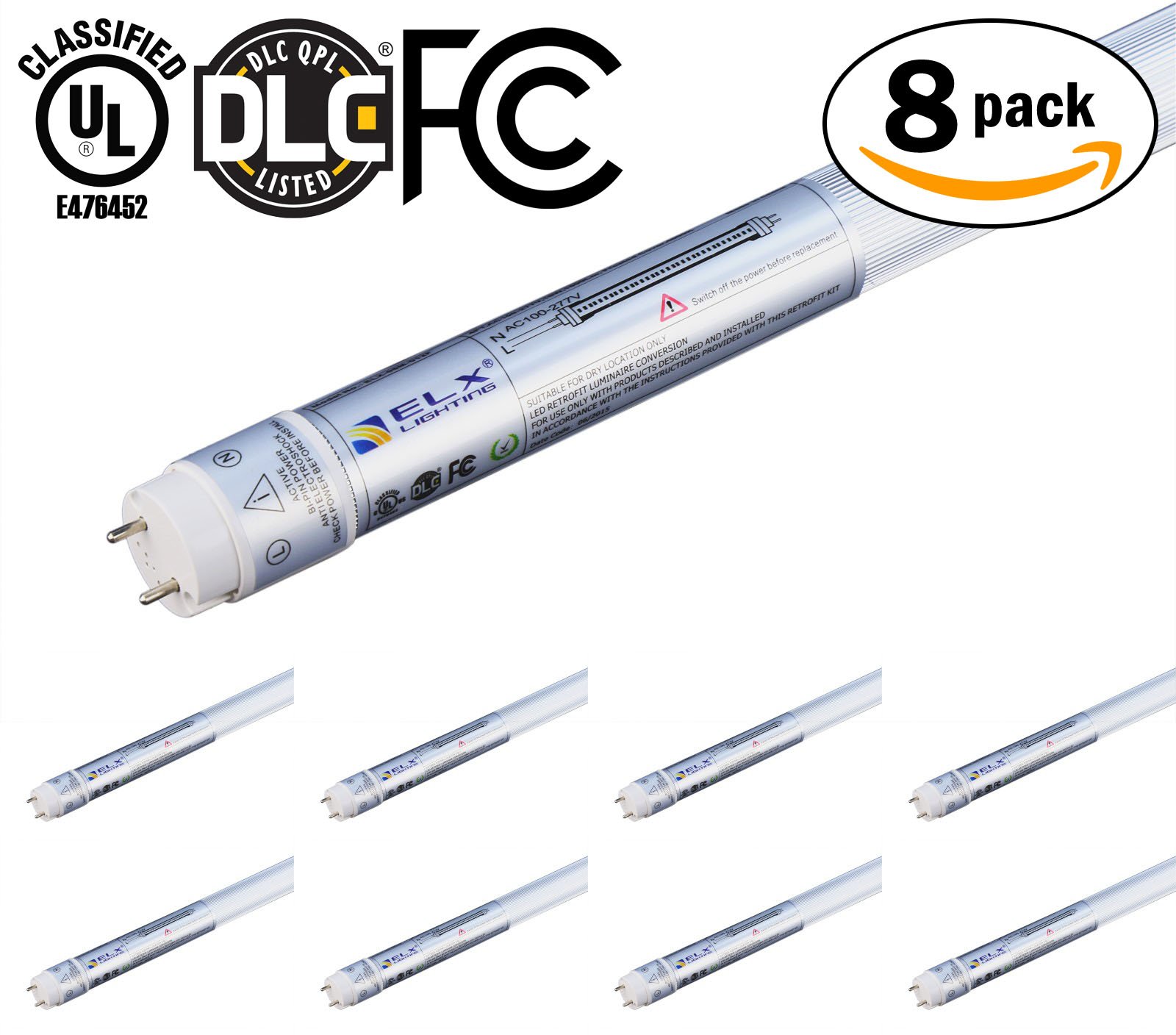 AMERIQUE 691322320800 Daylight 8 Pack T8 LED Shop Tubes, UL & DLC & FC Listed, 4' /PC, 18W (40W Equivalent), 4000K Glow, Single-Ended Power, All Glass, G13 Lighting Fixtures, 8