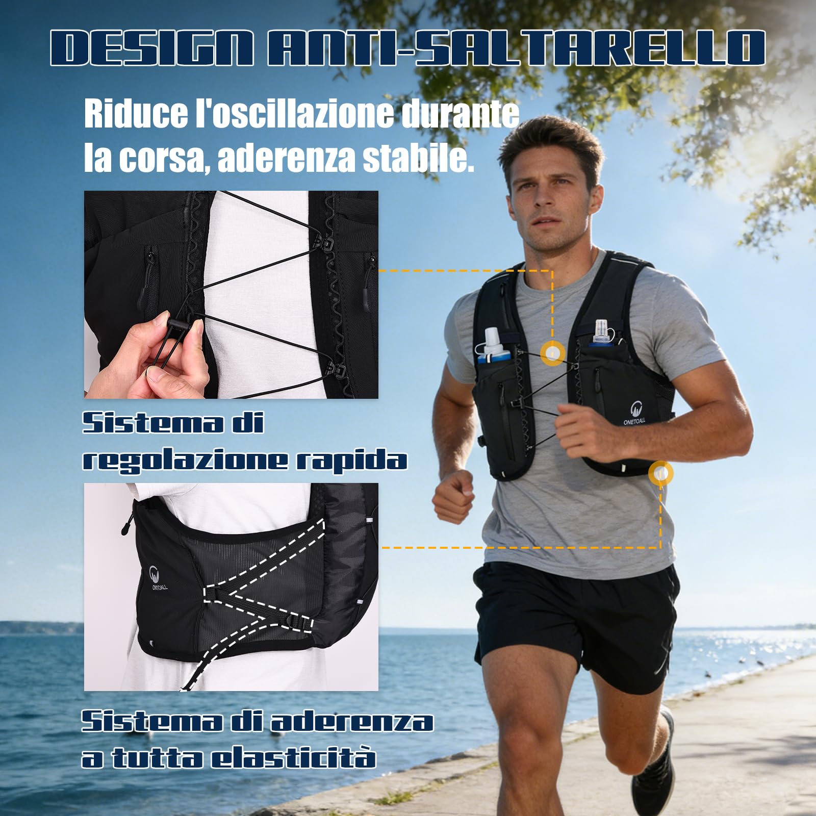 Gilet Running Uomo Donna, Zaino Trail Running, Running Vest con 2 Borraccia Morbida 500ml y Luce LED Ricaricabile, Gilet Corsa per Marathon Trekking Ciclismo Sci, Ultraleggero e Traspirante