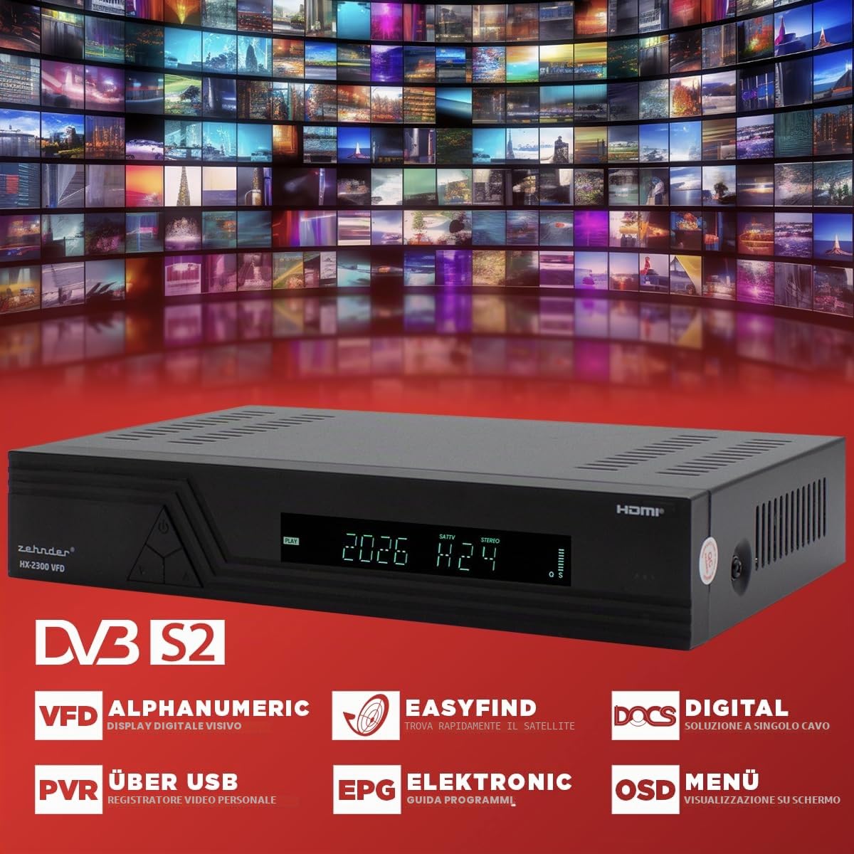 ZEHNDER HX-2300-VFD HD ricevitore satellitare - AAC-LC, PVR, HDMI, SCART, USB, coassiale – display alfanumerico, Timeshift
