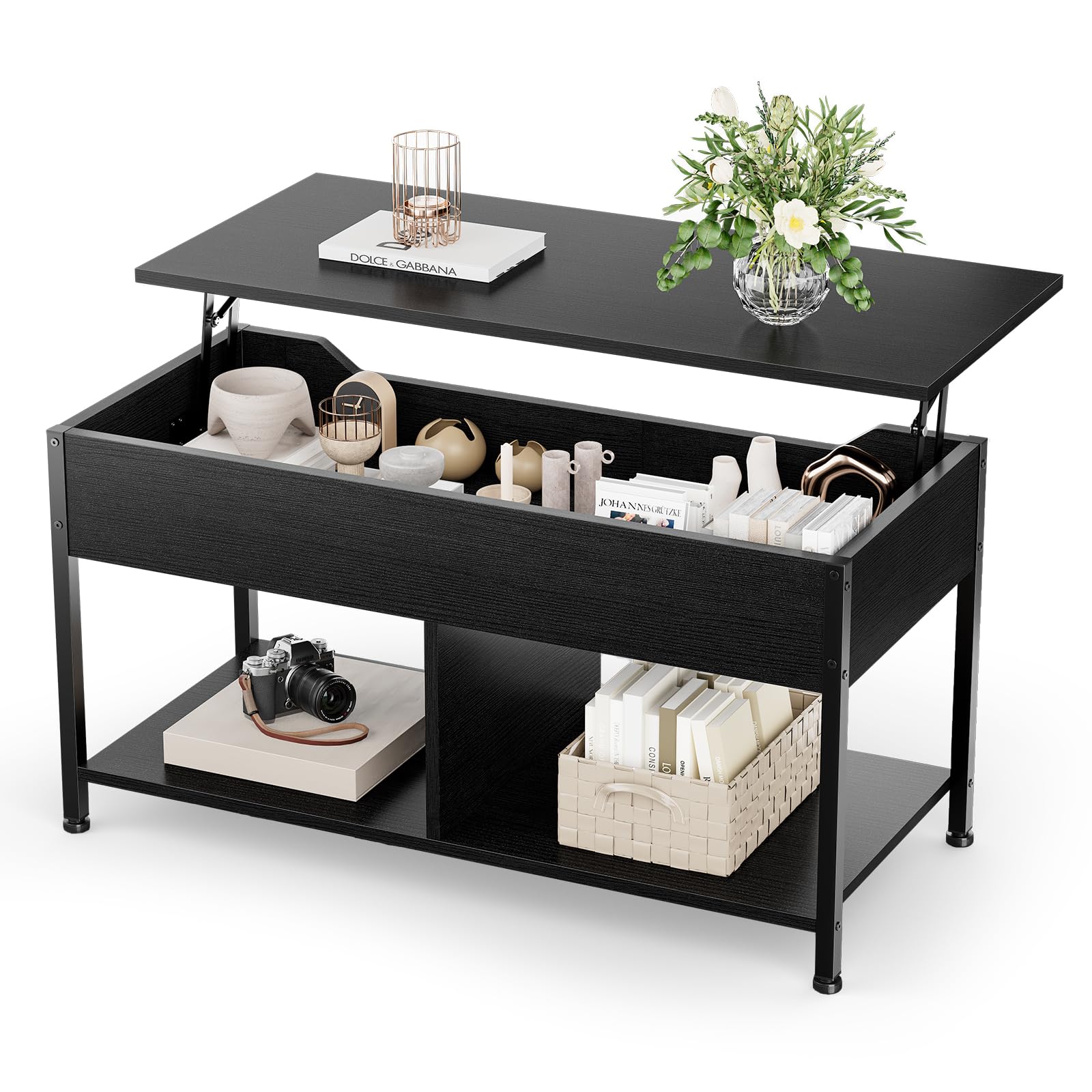 Sweetcrispy Lift Top Coffee Table with Storage 39 Center Table with Hidden Compartment 2 Shelves Farmhouse Wood Coffee