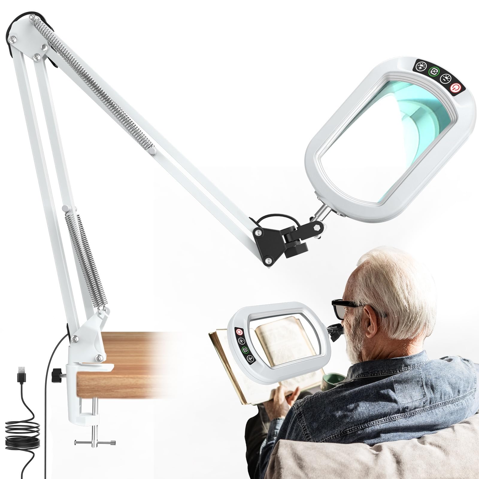 10X Square Magnifying Glass with Light and Clamp, Real Glass LED Lighted Magnifier, Large 2 * 15″ Arm 5 Color Modes Stepless Dimmable, Hands-Free Desk Lamp for Reading Craft Hobby Close Work -White — image 1