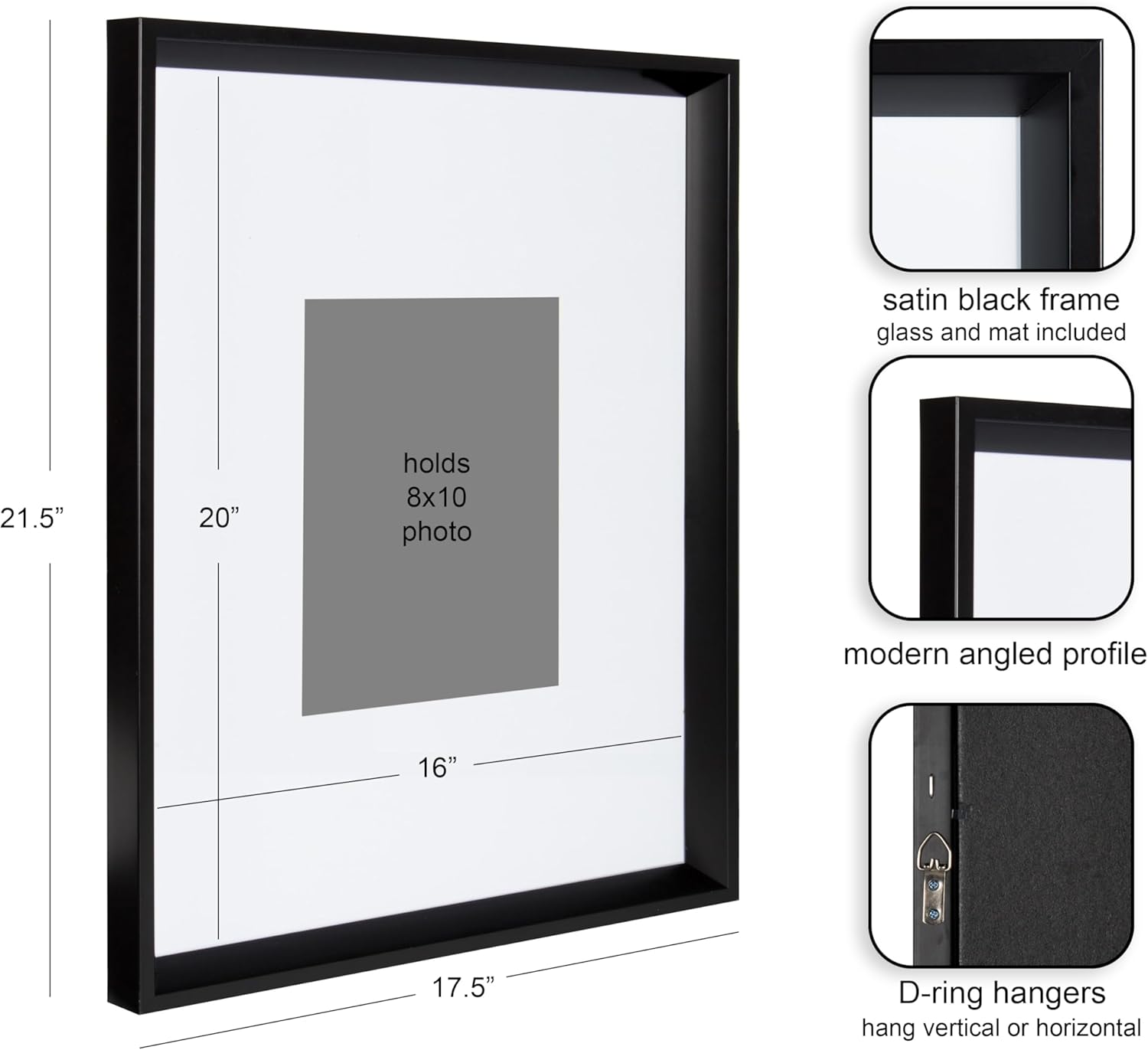 Kate and Laurel Calter Modern Wall Picture Frame Set, Black 16x20 matted to 8x10, Pack of 3