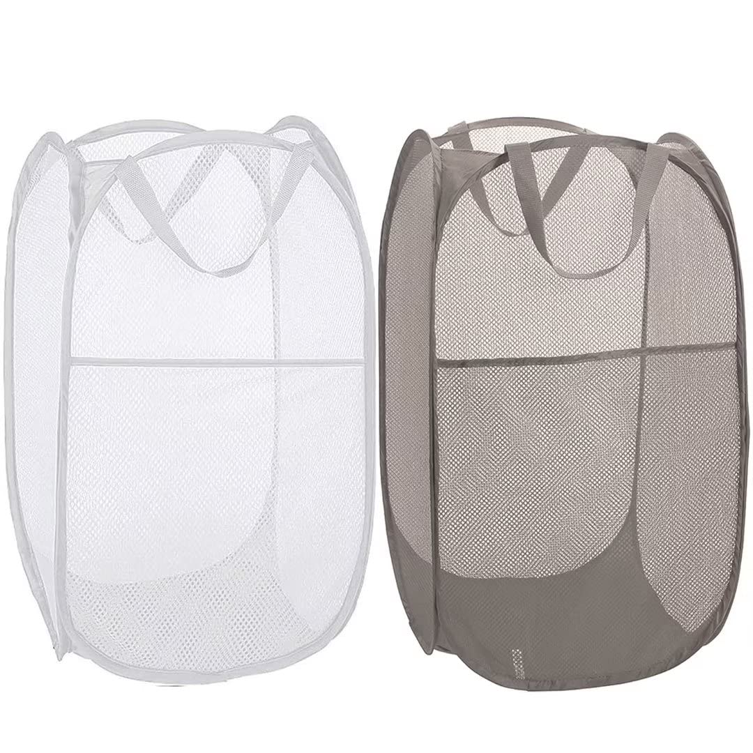 BATTOO Deluxe Strong Mesh Pop up Laundry Hamper Basket with Side Pocket Foldable Hamper for Laundry Room, Bathroom, Kids Room, College Dorm or Travel Grey + White
