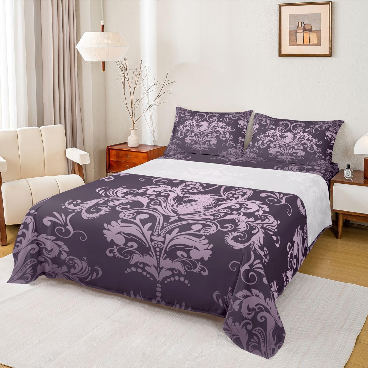 Homewish Fioletowy adamaszek zestaw pościeli podwójny pterozaur smok gotyckie prześcieradła vintage boho kwiatowy zestaw prześcieradeł - antyczne wiktoriańskie prześcieradła wierzchnie 4-częściowy