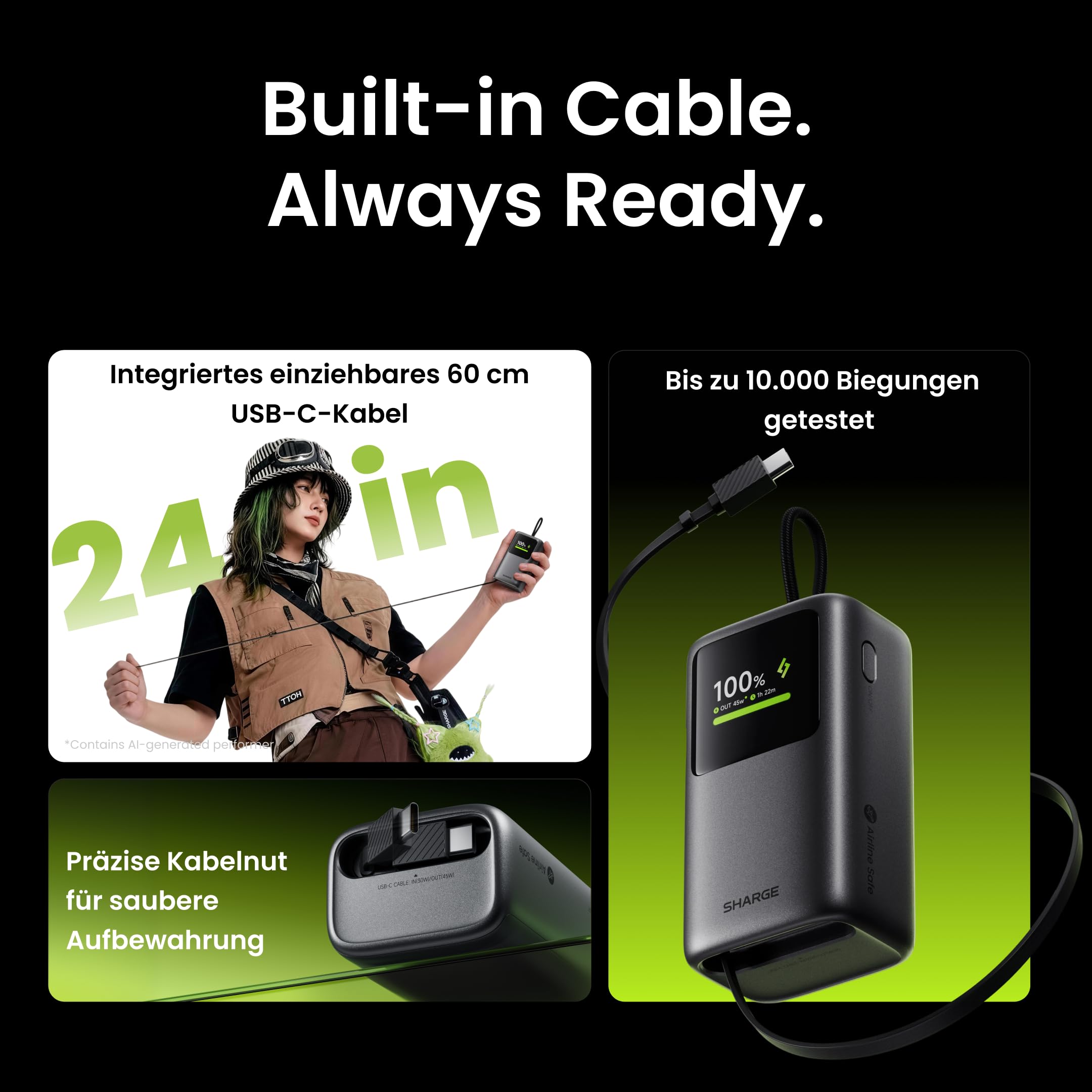 sharge Banco de energía retráctil de 45 W, cargador portátil de 10000 mAh con cable USB-C integrado, batería de carga rápida con pantalla inteligente para iPhone 17/16/15, iPad, MacBook Air