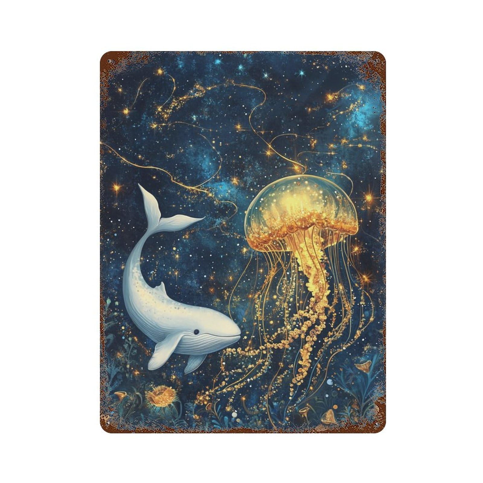 Whale And Jellyfish in Starry Ocean Rusty Metal Tin Sign 15.7"x11.8", Ideal for Office, Studio And Wall Decor