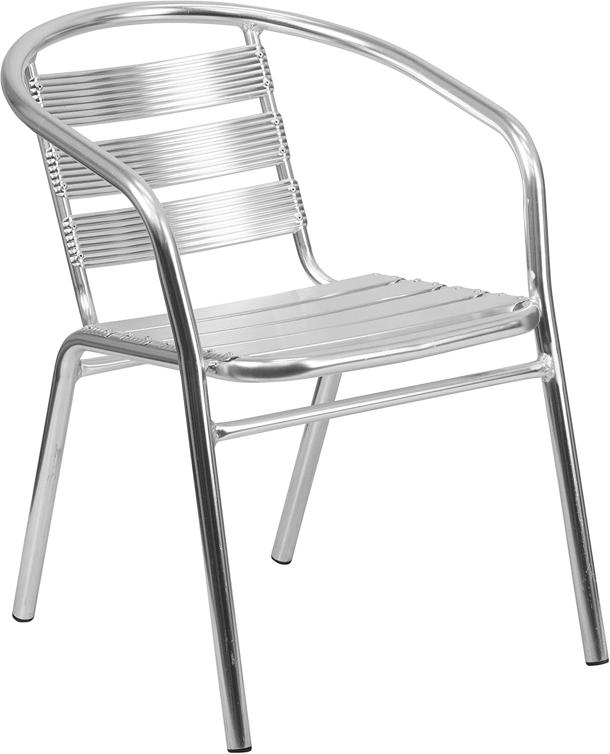 Bowery Hill Metal Stacking Patio Chair, 29" H x 22" W x 24" D, Aluminum Frame, Silver Finish, Lightweight Design, Curved Slat Back, Integrated Arms, Indoor or Outdoor Seating with Plastic Floor Glides