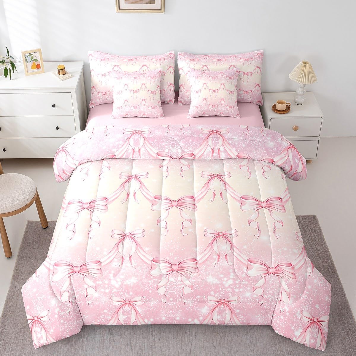 Feelyou Pink Glitter Bed Set Boys Girls Queen Size Watercolor Bow 7 Pieces Bedding Set, for Kids Women Men Cute Bowknot Bed in a Bag with Comforter, Sheets, Pillowcases Coquette Bows Room Decor