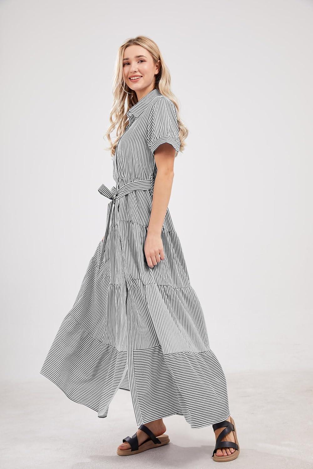 utcoco Womens Casual Short Sleeve Button Down Tie Waist Ruffled Striped Maxi Shirt Dress - Image 4