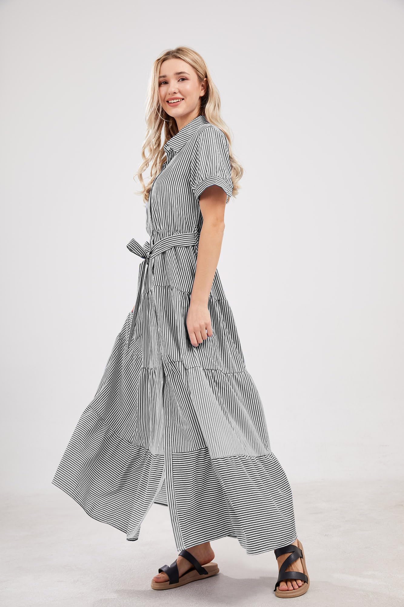 utcoco Lässiges Maxi-Hemdkleid für Damen, kurzärmelig, Knopfleiste, Taille, gerüscht, gestreift
