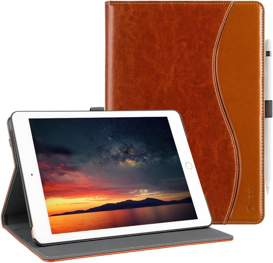 New 6th Generation iPad Case Leather Smart 5th Generation iPad Case Folio Cover Anti-Slip Stripe Card Holder Pocket Smart Auto Wake and Sleep for New iPad 9.7 inch 6th/5th Generation Elegant Brown