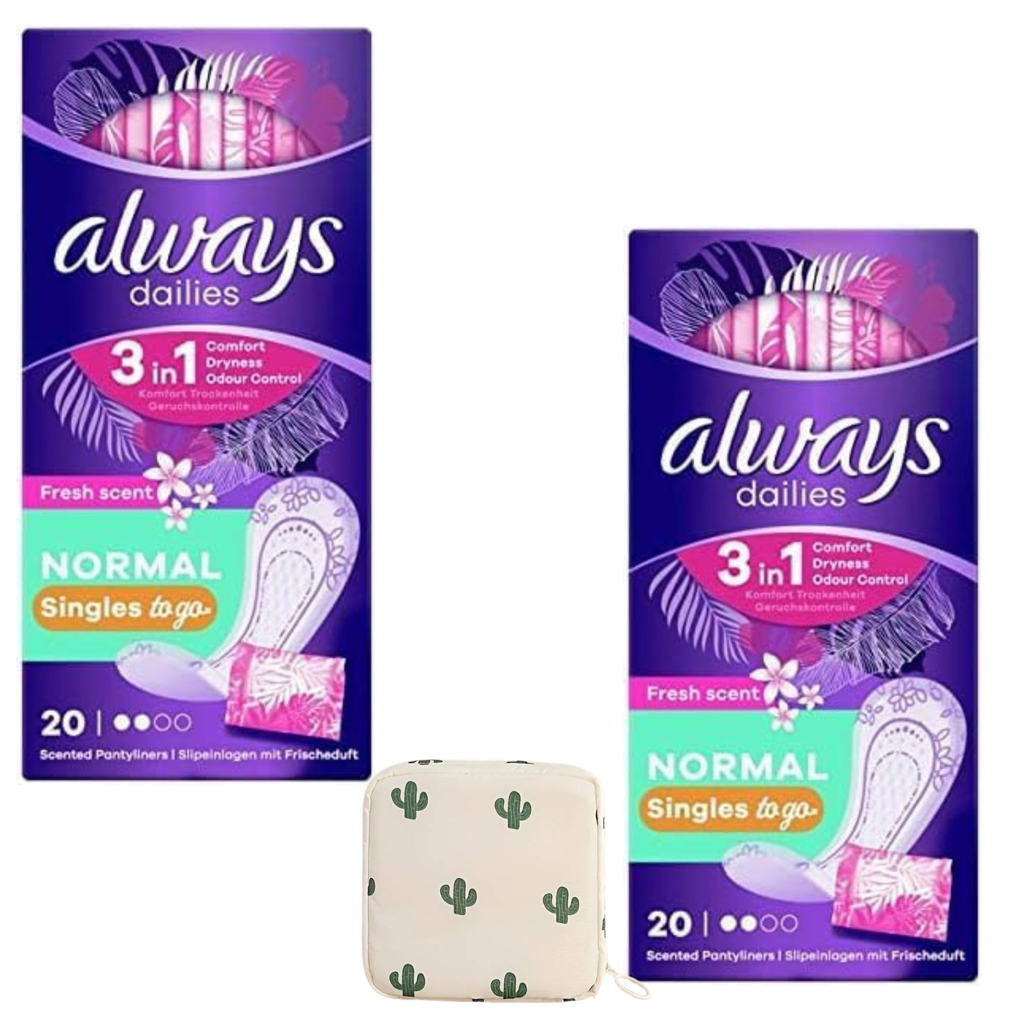 Dailies Panty Liners Normal 40x Scent Pantyliners | Go Fresh 3 in 1 | Singles Individually Wrapped | Odour Neutralising | Comfort | Pack of 2X 20 | Including Oerich Sanitary Napkin Storage Bag