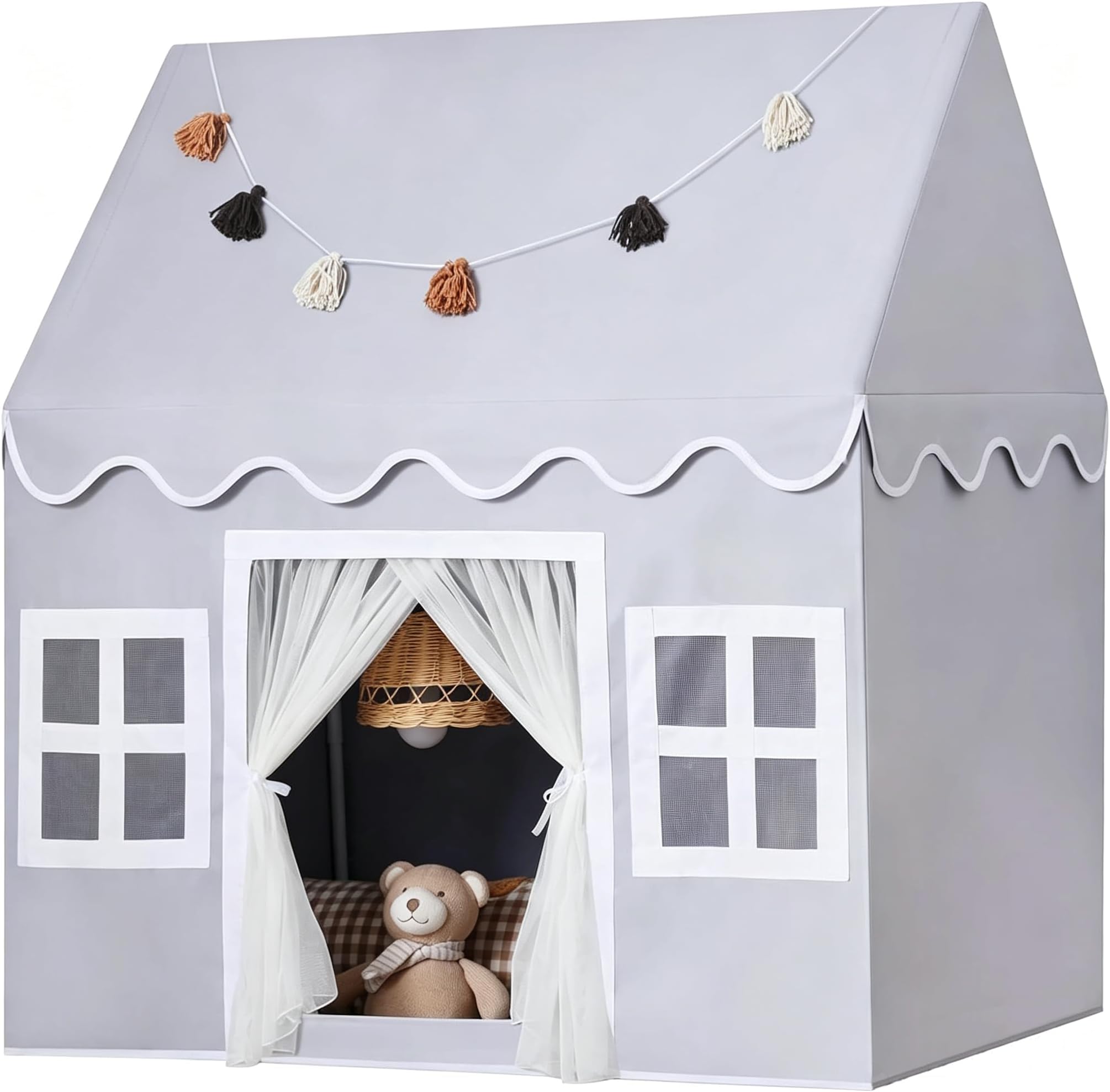Kids Play Tent Indoor: Mat, Tassel Garland - Gray Girl Tent Playhouse for Boys Kids Toys for Boy Girl Birthday Gift