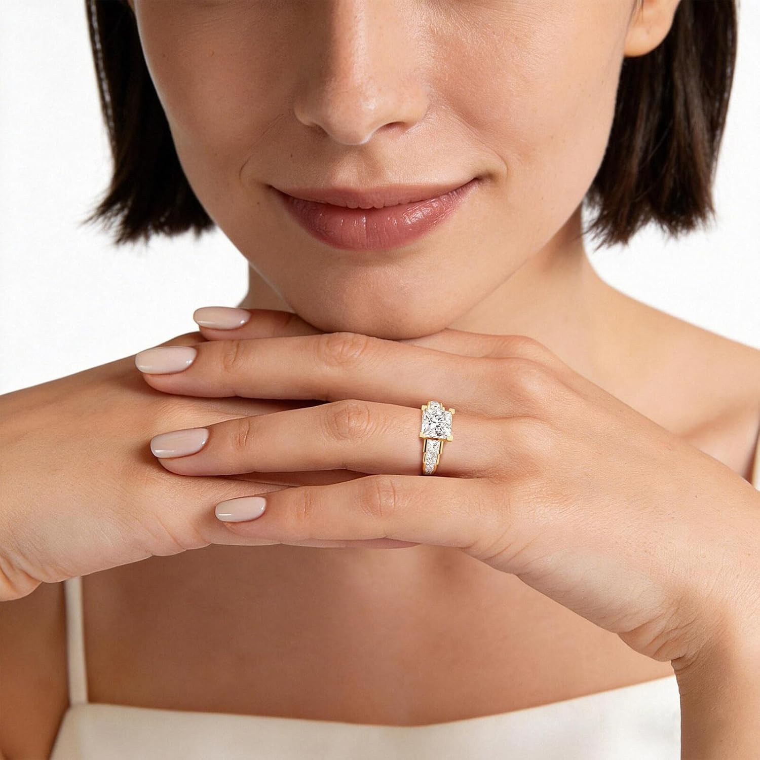 MSBLUE Moissanite Engagement Ring, Staircase Princess Cut, 14K Gold Vermeil, Wedding Promise Ring - Image 4