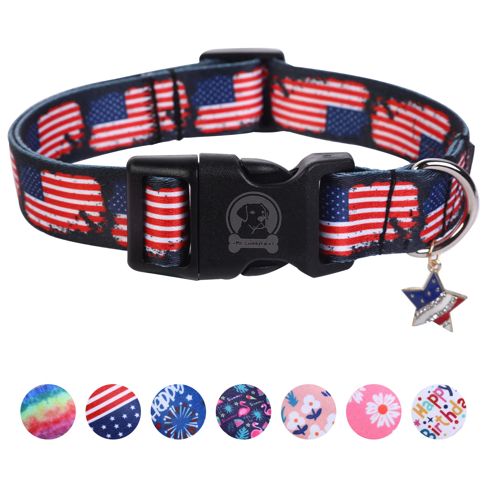 MR. CHUBBYFACE American Flag 4th of July Dog Collar Adjustable Pet Collar Independence Day Collar Red White and Blue Designer Pattern for Small Medium