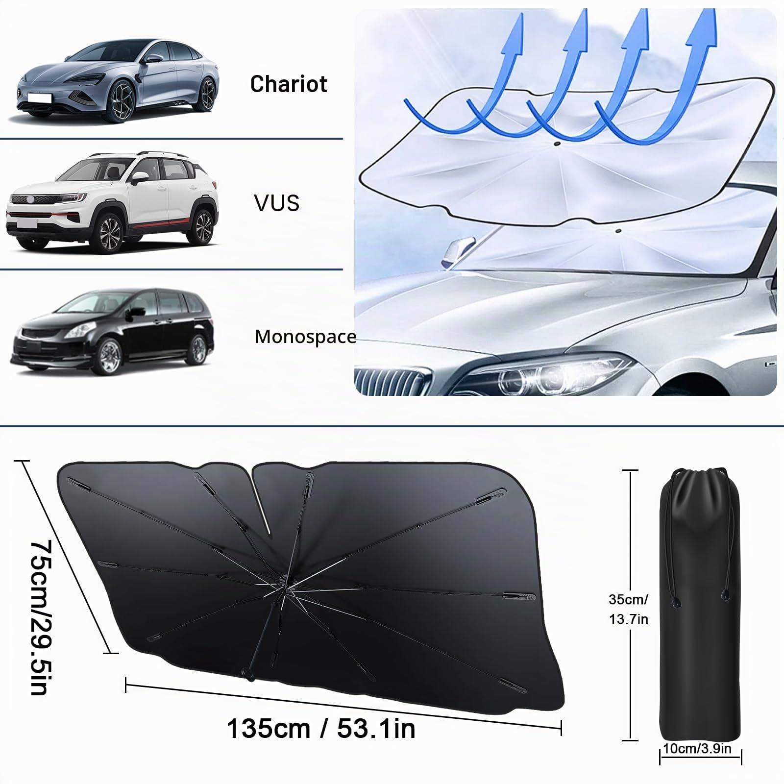 Pare-Soleil pour Pare-Brise de Voiture Pliant Pare-soleils pour Pare-Brise Avant Auto avec Coins en Cuir Anti-Rayures 135 x 75 cm Protection Solaire idéale pour SUV et Tous Types de véhicules