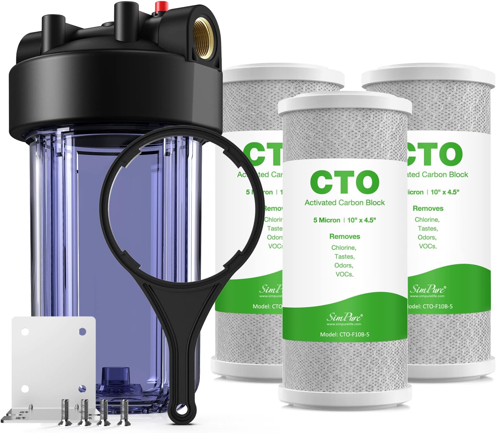 SimPure 10" X 4.5" Whole House Water Filter Housing - 1" NPT Ports, Clear Housing, For Sediment & Carbon Filters