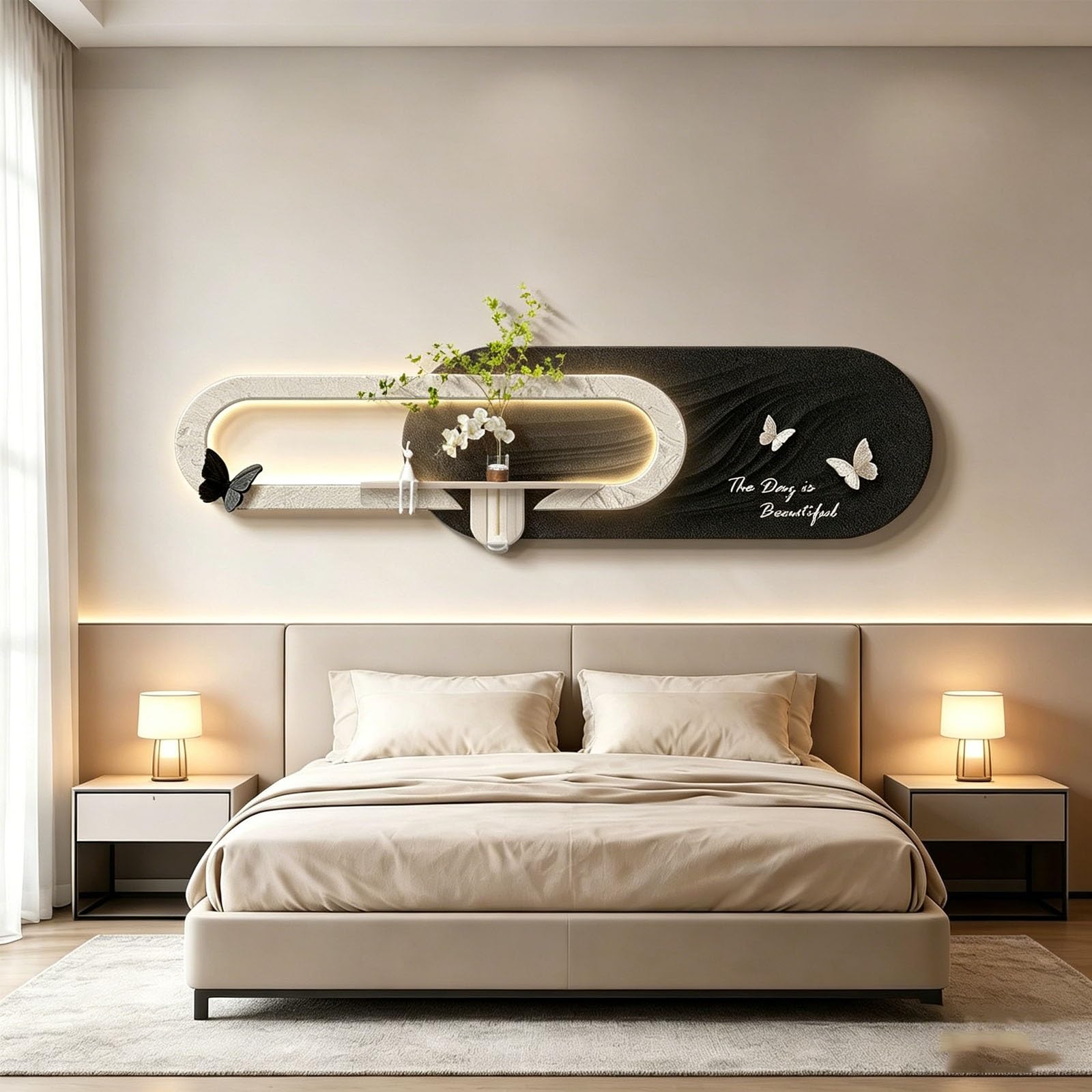 Fresque murale LED 3D papillon en grès avec étagère 180cm - 8