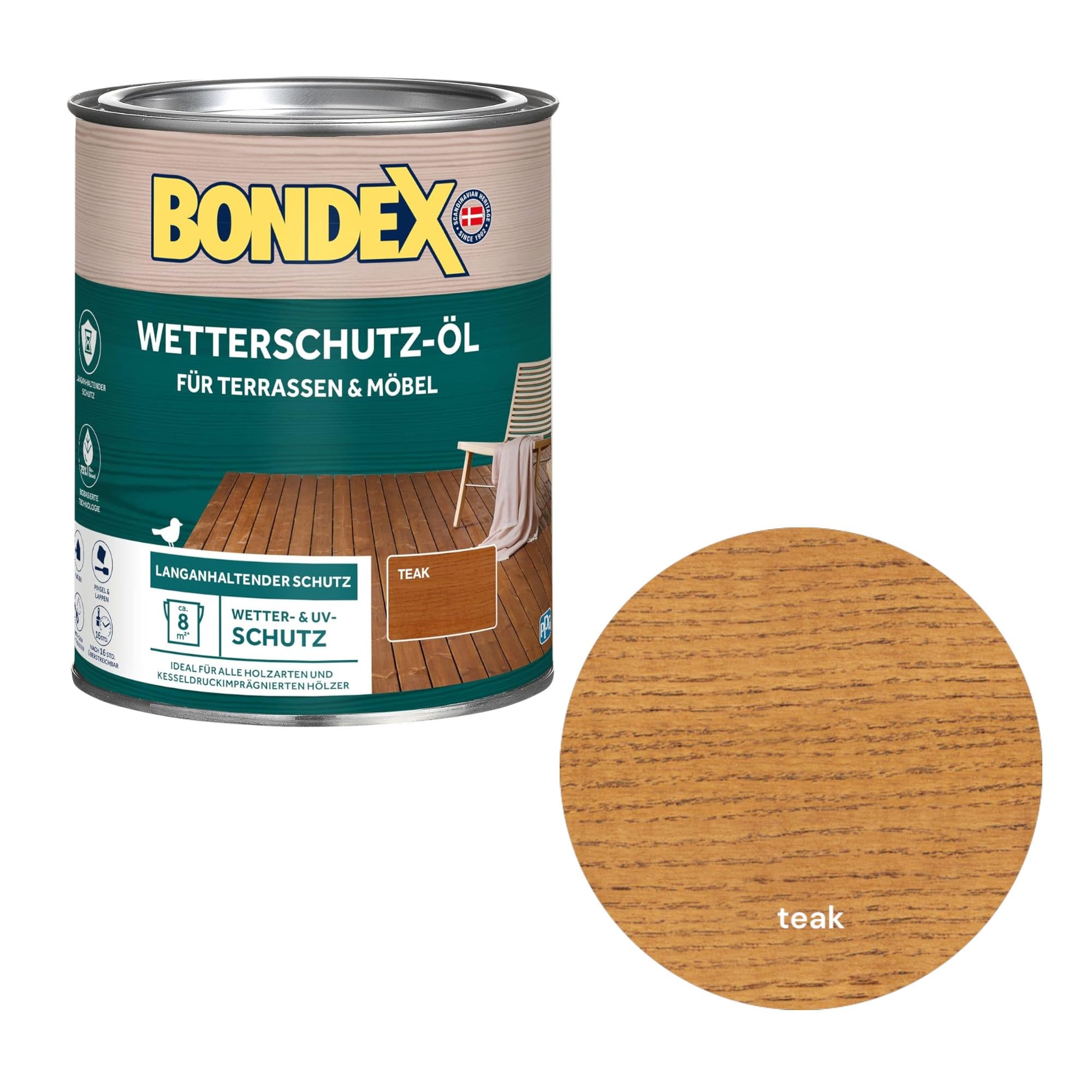 zbs24 Bondex Wetterschutz-Öl für Terrassen und Gartenmöbel, hoher Wetterschutz, wasserbasiert, UV-Schutz, inkl. 3-teiligem Pinselset (teak, 2,5 Liters)