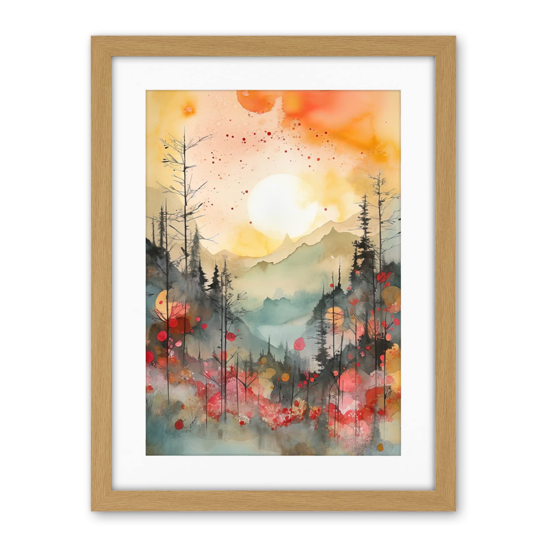 Artery8 Sunrise Over Misty Mountain Forest Landscape Modern Watercolour Painting Artwork Framed Wall Art Print 18X24 Inch