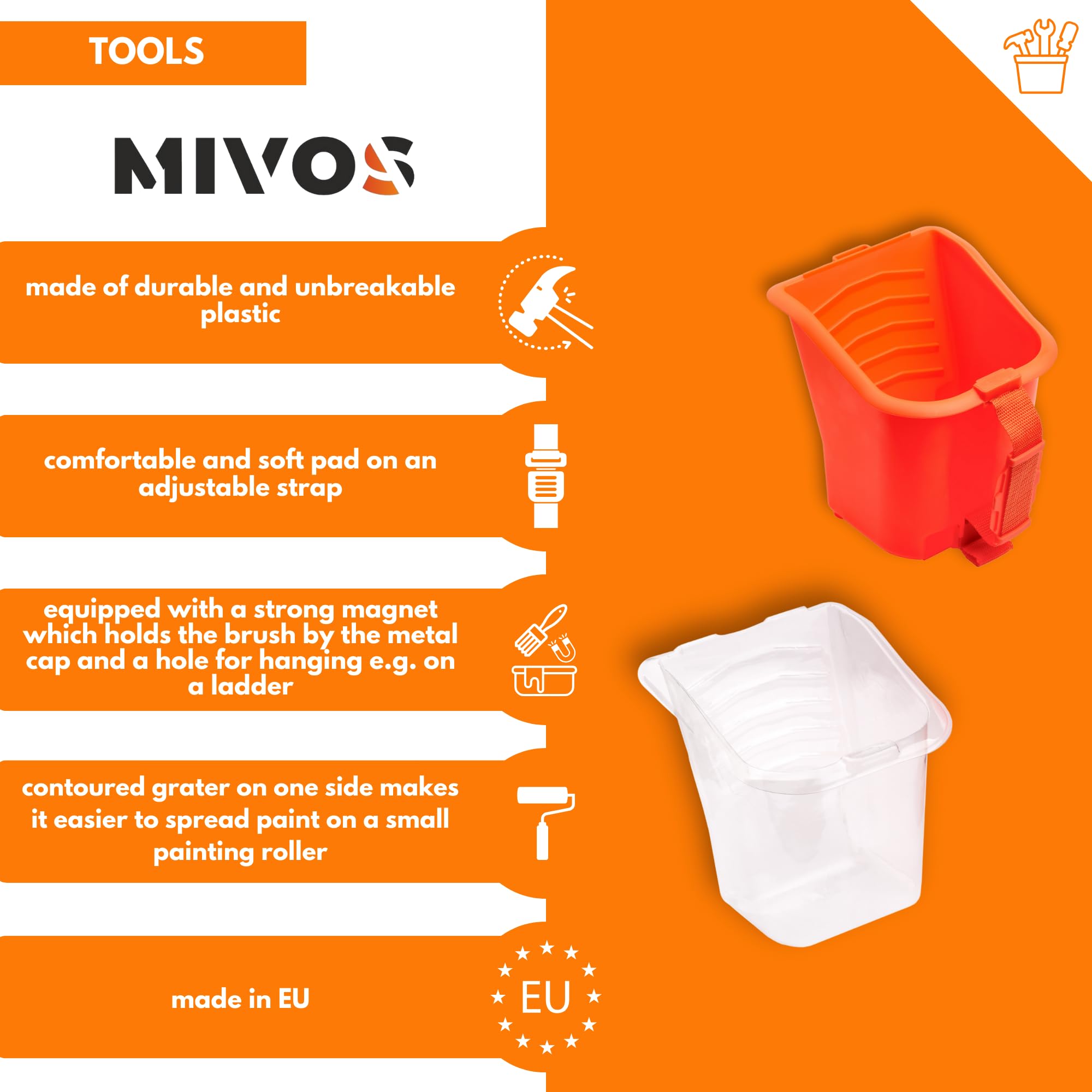 MIVOS Seau À Peinture avec 5 Inserts - 1l Pot À Peinture - Poignée Réglable - Seau en Plastique - Seau De Chantier avec Rainures Spéciales - Orange - Plastique Robust - Made in EU