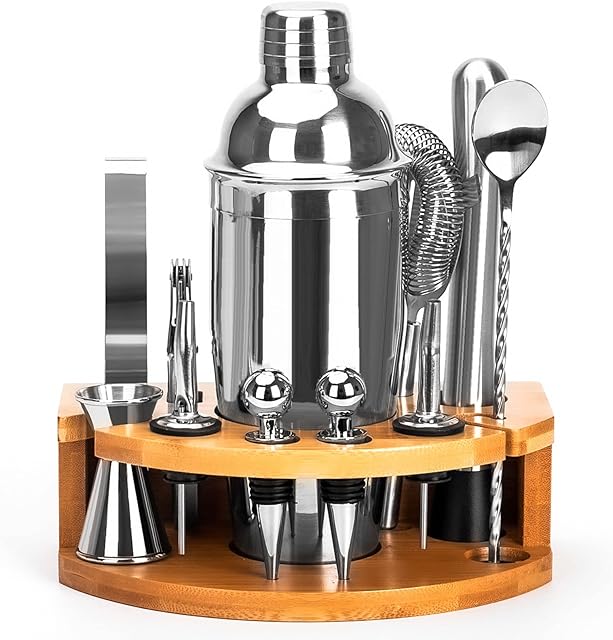 Zestaw Shaker do Koktajli, 12 Elementów ze Stali Nierdzewnej, Zestaw Akcesoriów Barowych, 750ml Shaker do Koktajli, Zestaw Mikserów do Koktajli, z Drewnianą Podstawą do Domu Lub Baru