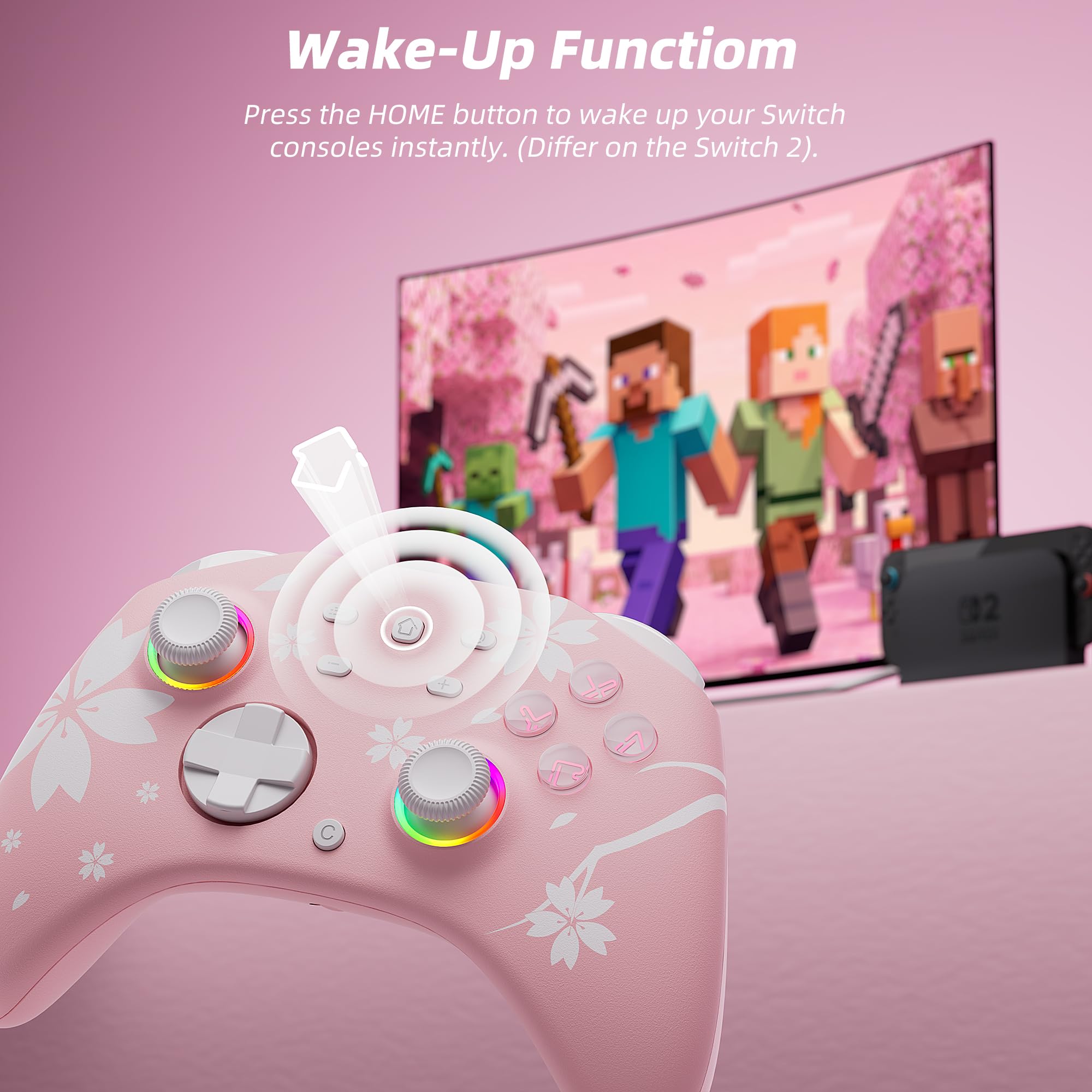 Mytrix Wireless Controllers for Switch/Switch 2, Windows PC iOS Android Steam/Steam Deck,  Bluetooth Controller with Programmable, Hall Effect Joysticks, Adjustable LED Light/Turbo/Vibration: Sakura Pink