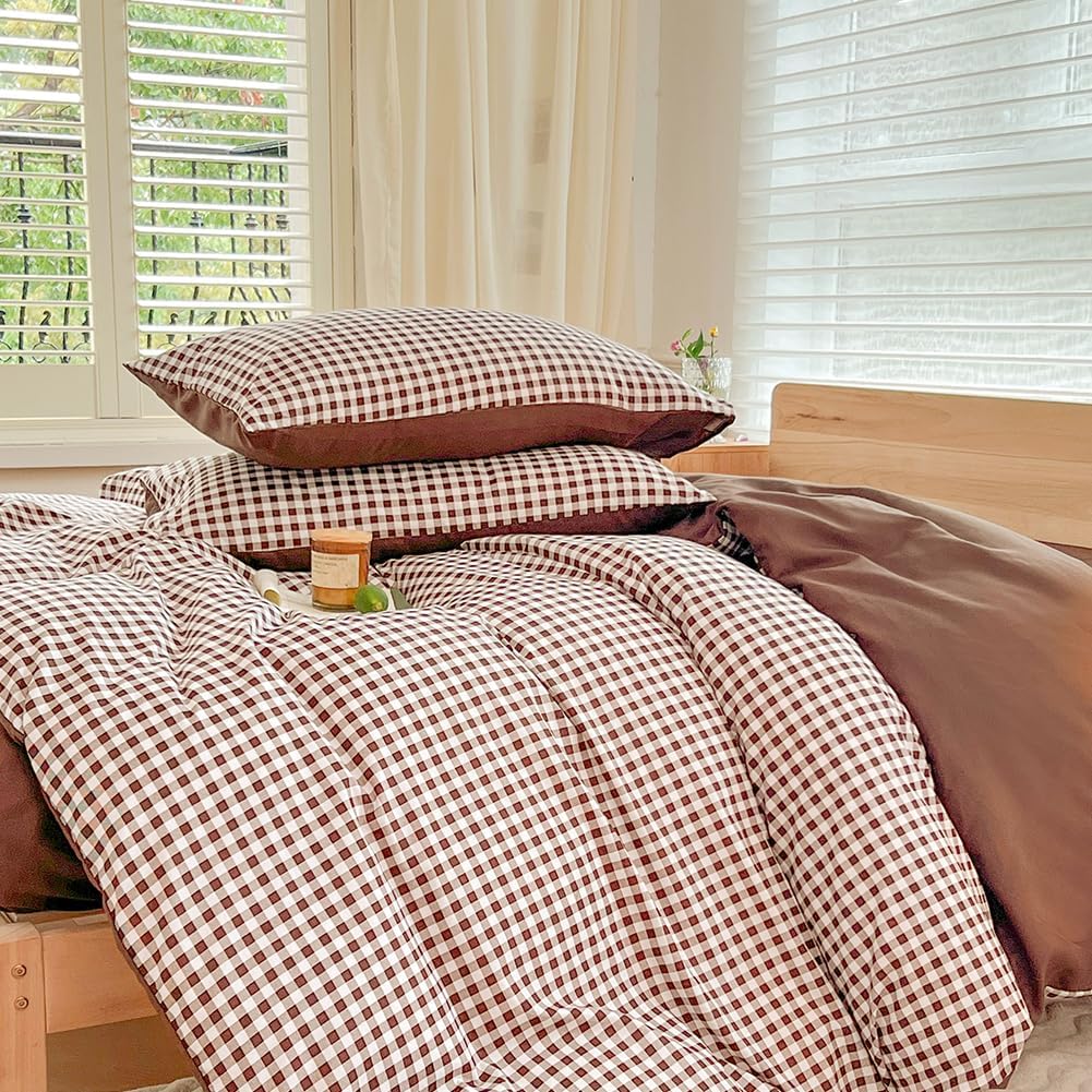 NSNLGSGC Mocha Gingham Duvet Cover Set Queen, Dark Tan Grid Simple Geometric Square Pattern Comforter Cover,Soft Plaid Washed Microfiber Bedding Cover(3PCS,Queen) - Image 5