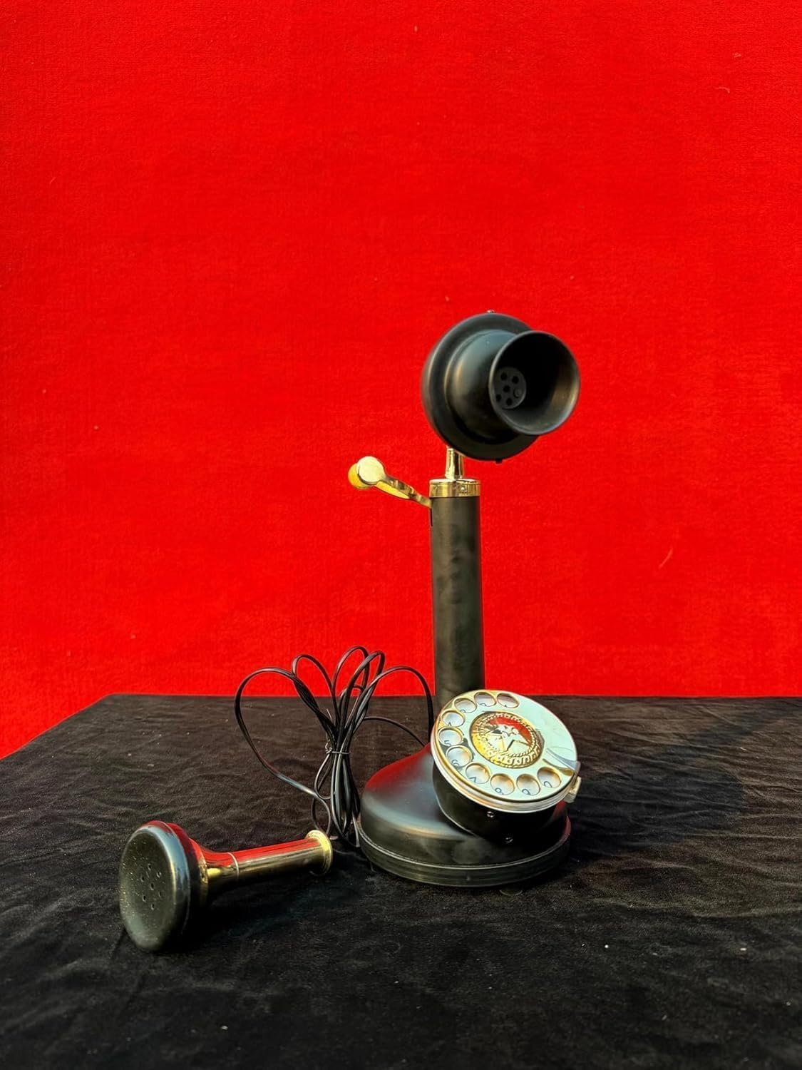 Vintage Candlestick Telephone, Brass and Black Powder Coated, 14 Inch Tall, Rotary Dial, 1920s Style Decorative Home Accent (Brown Finish)