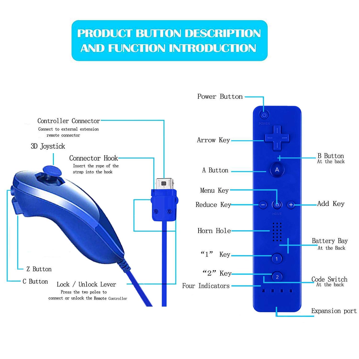 PGYFDAL - Telecomando e joystick Nunchuck per console wii/wii u (rosa e blu scuro)