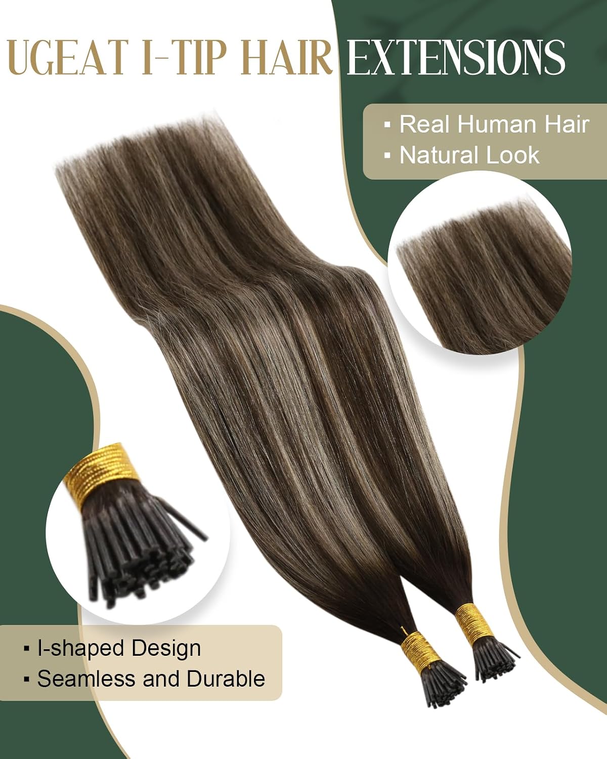 Ugeat I Tip Hair Extensions Human Hair, Brown Balayage, 16 Inch 40G 50S image 2