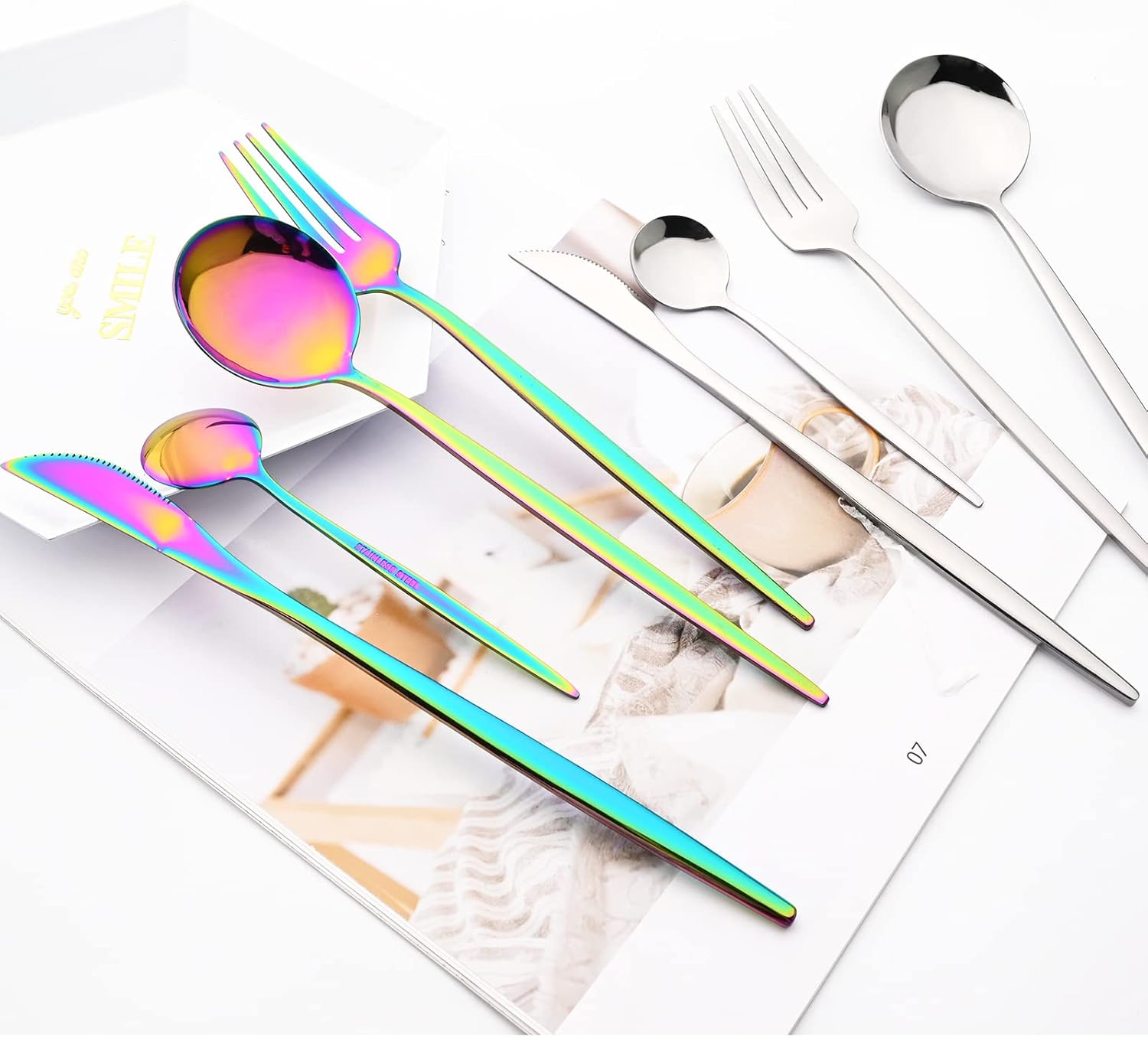 24 Pcs Multicolor Flatware, Resuable Durable Stainless Steel Knife Cutlery Set, Rainbow Kitchen Eating Utensils Spoon Fork Teaspoon Set Service For 6, Mirror Polish, Dishwasher Safe