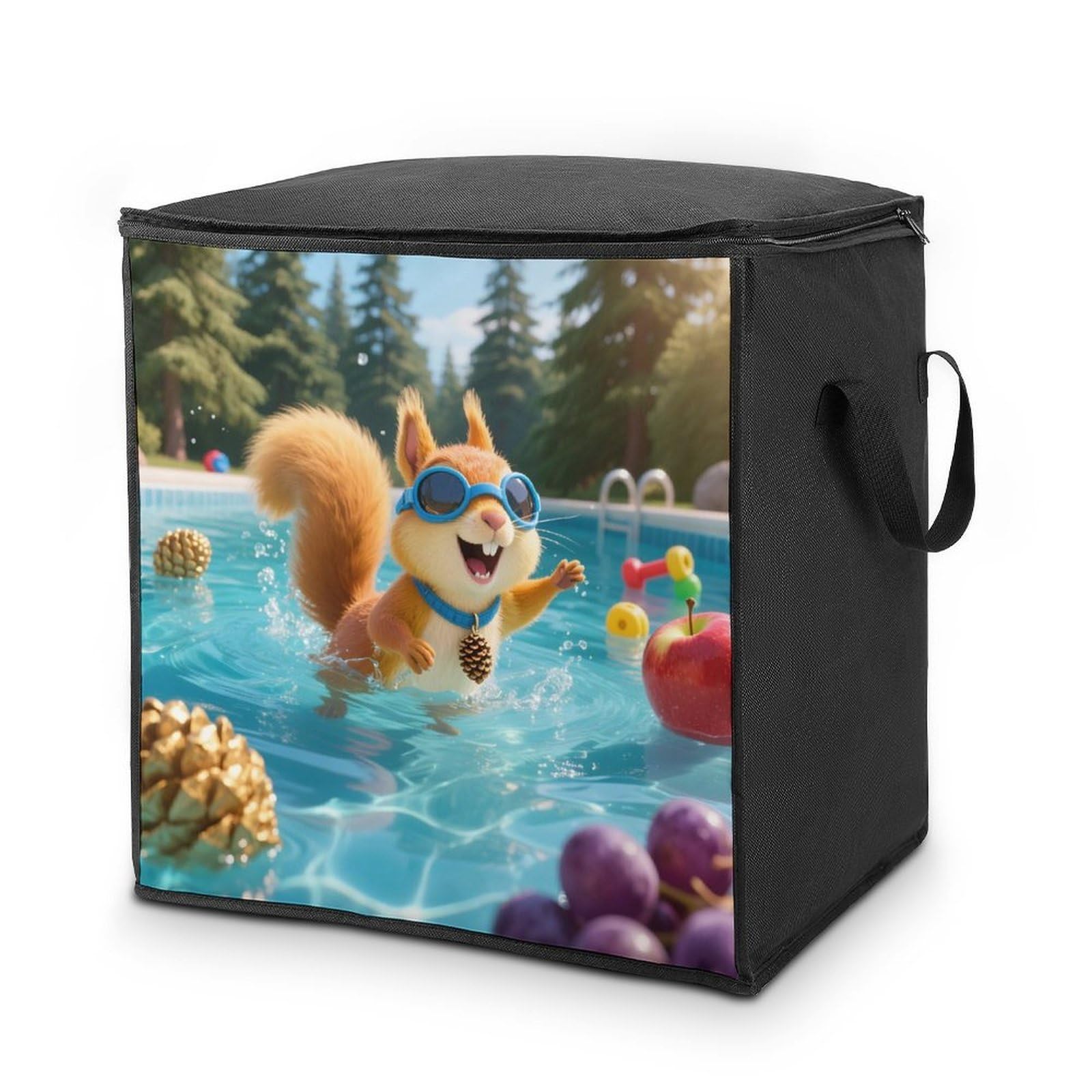 Squirrel Pool Joy Large Storage Bags with Zippered Storage Organizers Bag Clothes Storages Bins with Lids Foldable Storages Containers with Reinforced Handles for Blanket Bedding