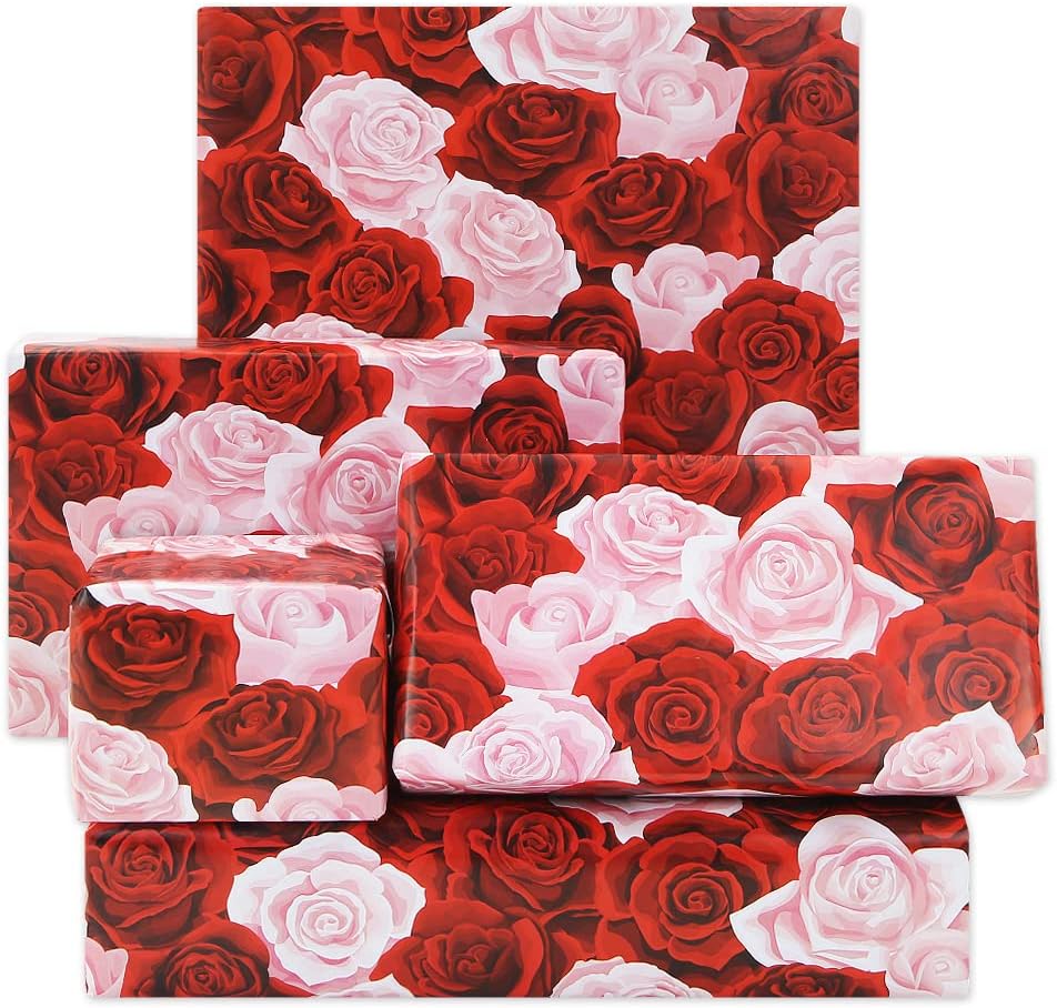 Amazon.com: Rose Gift Wrapping Paper, Red and Pink Floral Gift Wrap 4 ...
