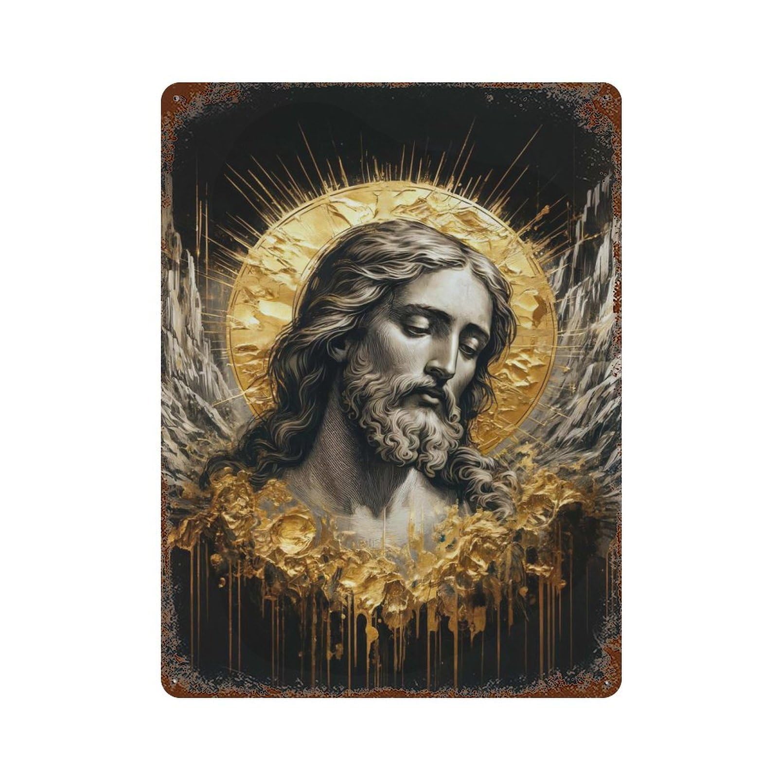 Gold X Jesus Portrait Weathered Tin Sign 15.7"x11.8", Novelty Wall Decor for Garage, Pub Or Kitchen