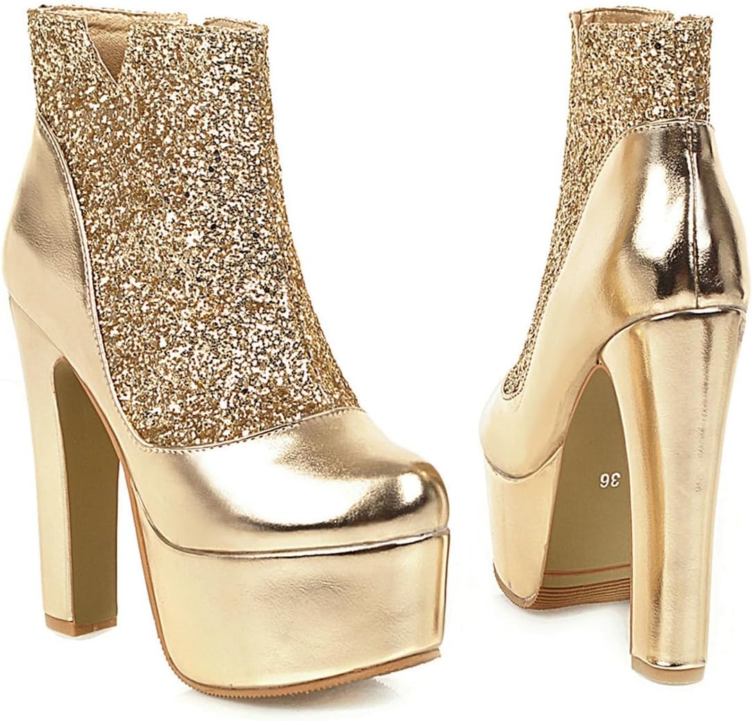 Women's Chunky Platform High Heel Ankle Boots Glitter Sequins Zipper Wedding Party Dressy Short Booties