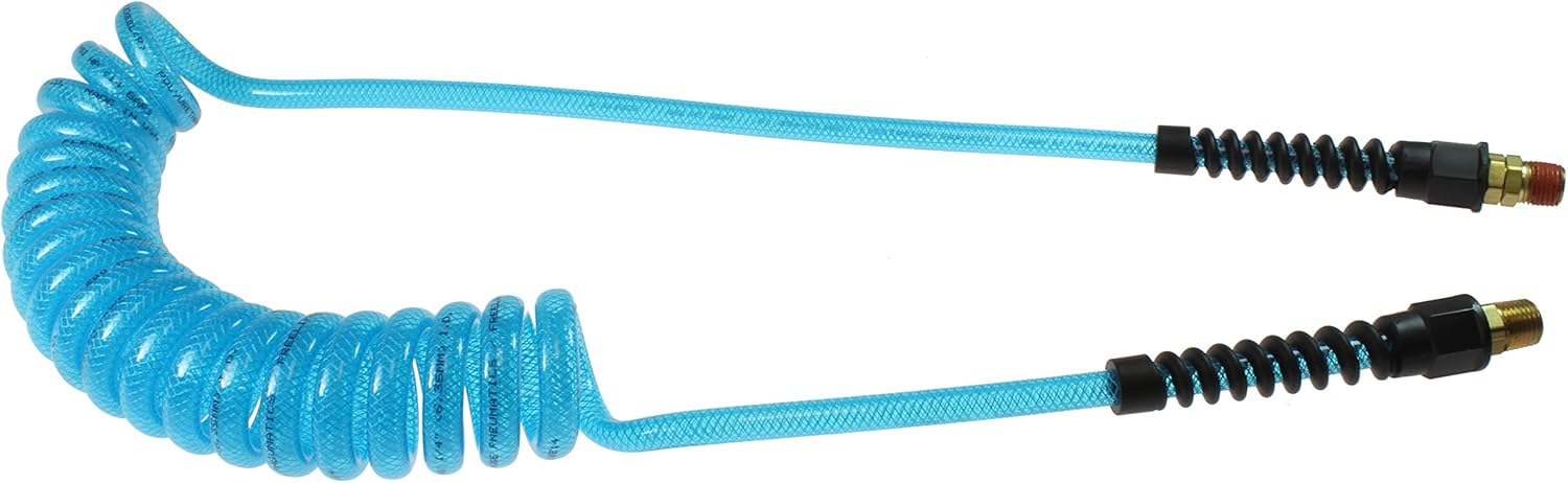 Coilhose Pneumatics PUE14-25A-T Flexeel Reinforced Polyurethane Coiled Air Hose, 1/4" ID, 25' Length with (1) 4" Rigid Fitting and (1) 4" Swivel, Transparent Blue