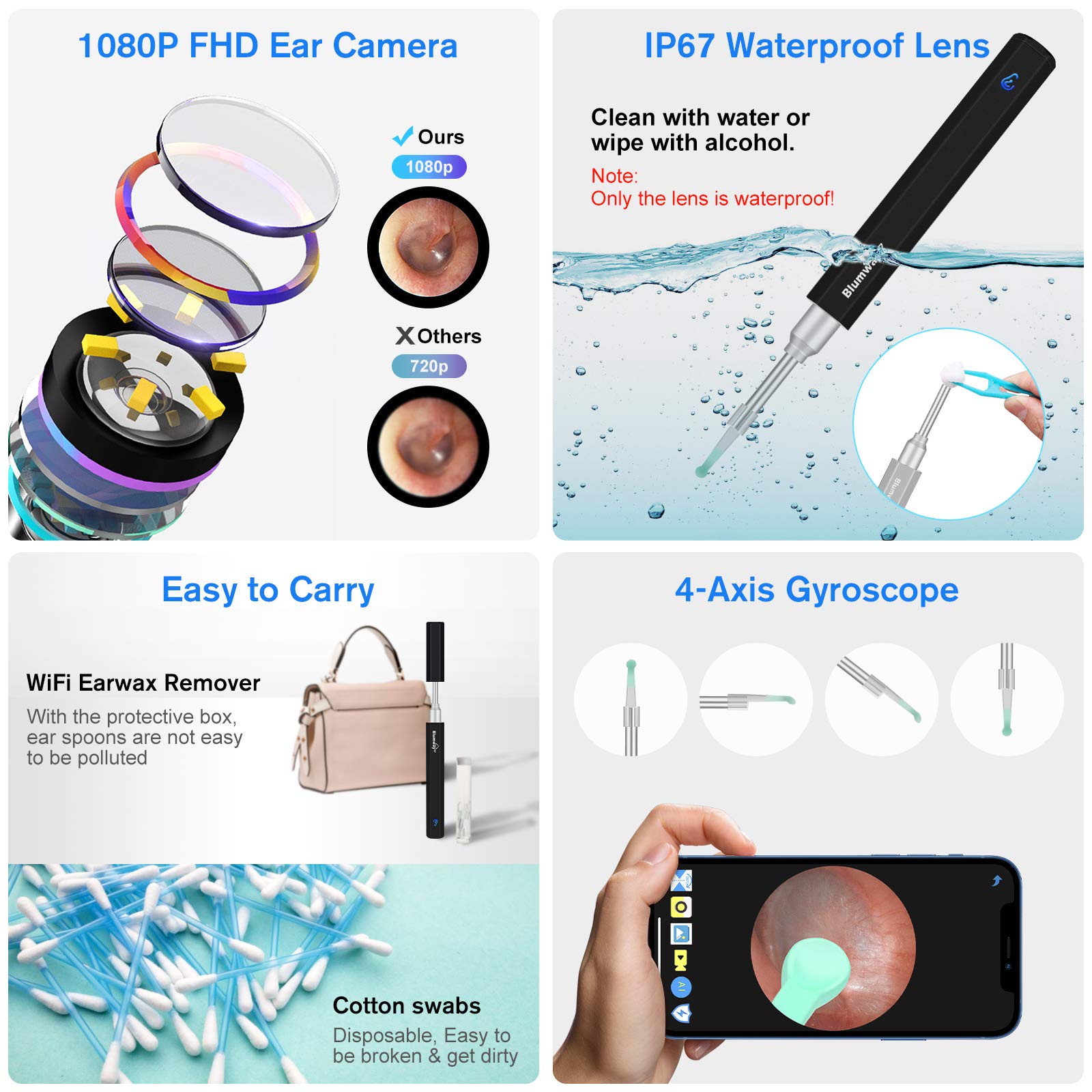 BlumWay WiFi otoscopio de oído 3.5 mm 1080P HD endoscopio de oído limpiador de oído cámara con 6 luces LED, limpiador de oídos removedor de cera para bebés, niños, adultos con iOS, Android (negro)