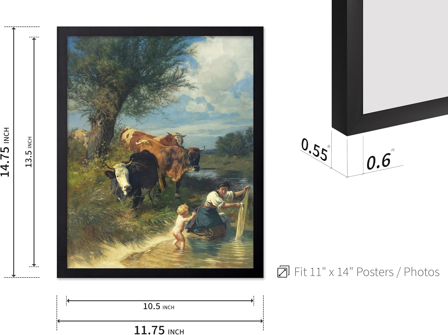 Poster Master Vintage Cows and Washerwoman Near A Brook Poster - Retro Laundry Print - Watercolor Art - Gift for Men & Women - Wall Decor for Bedroom, Laundry Room or Office, 11x14 Black Framed