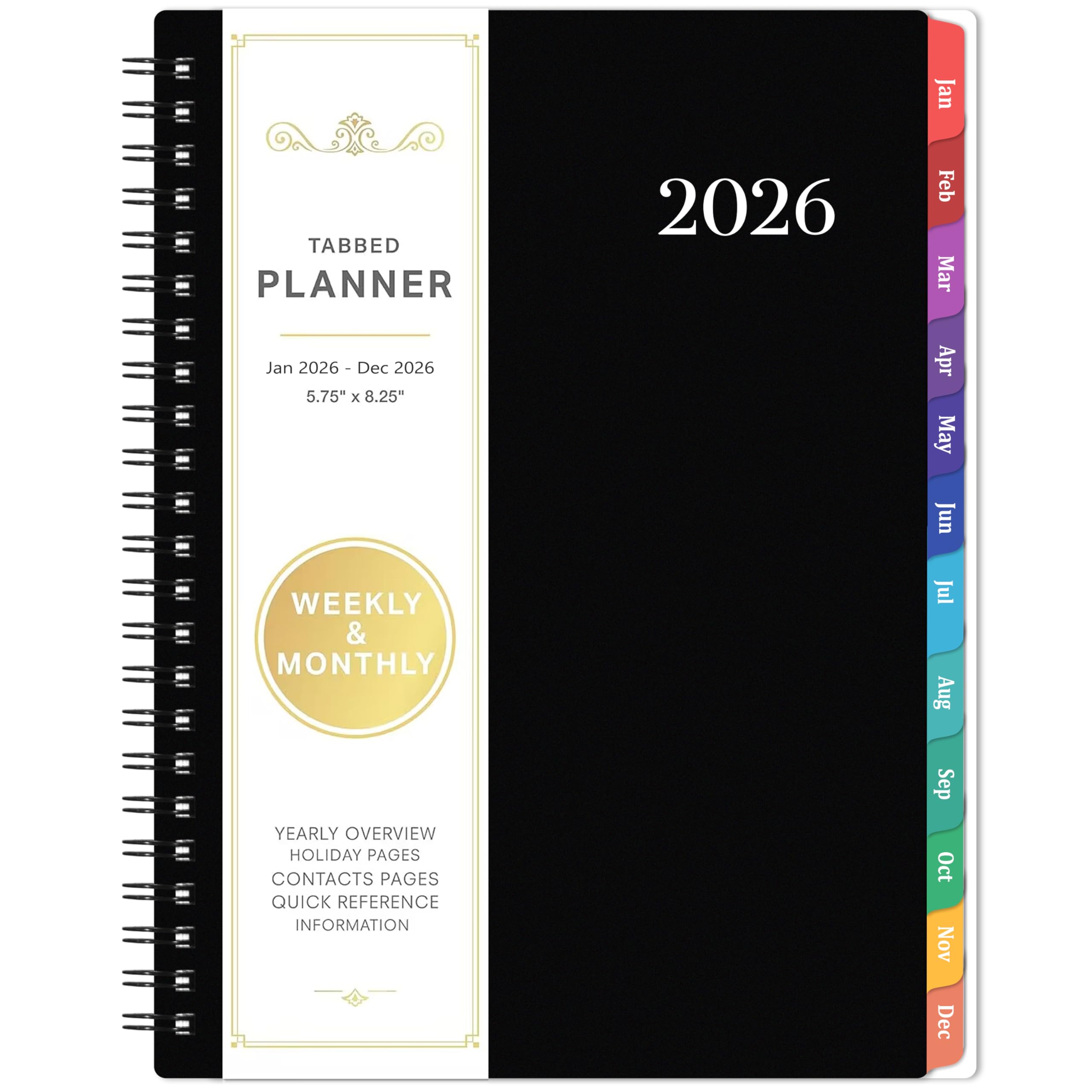 2026 Planner - Planner 2026, January 2026 - December 2026, 6.3" x 8.4", 2026 Planner Weekly and Monthly, Colorful Tabs, PP Cover, A5 Thick Paper, Twin-Wire Binding - Black