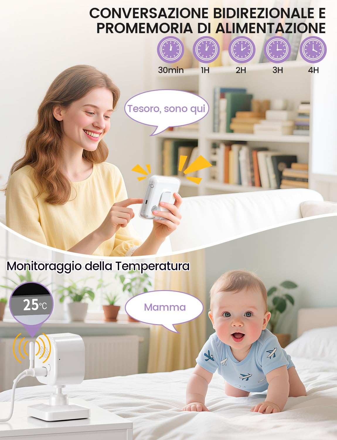 Baby Monitor Video e Audio 2,8" 720P LCD IPS 2000mAh USB-C Zoom Digitale VOX Visione Notturna Comunicazione Bidirezionale Sensore Ninna Nanna