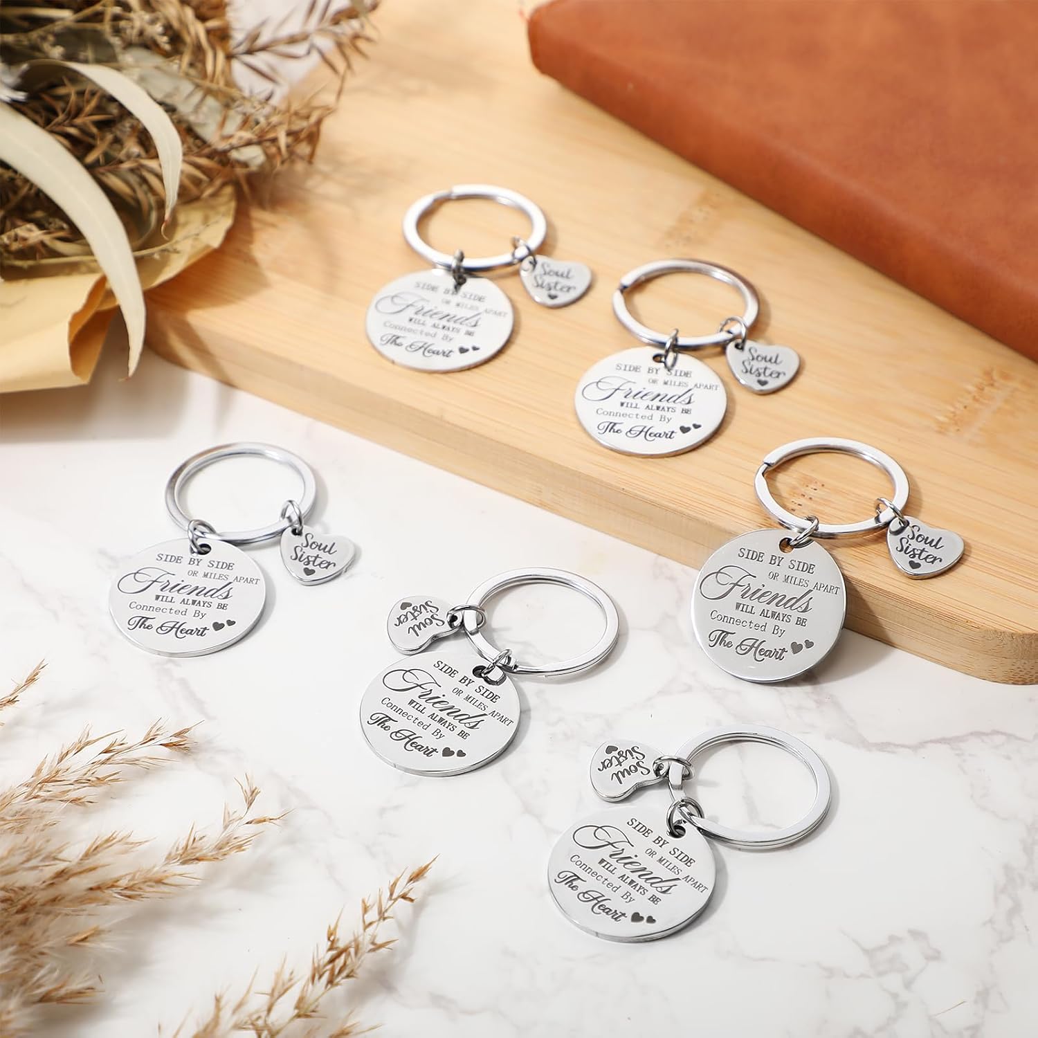 Roowest 6 Pieces Sister Keychain Gift from Sister, Side by Side or Miles Apart Friends Will Always Be Connected by The Heart Keychain for Women Friend Birthday Jewelry Gifts - Image 4