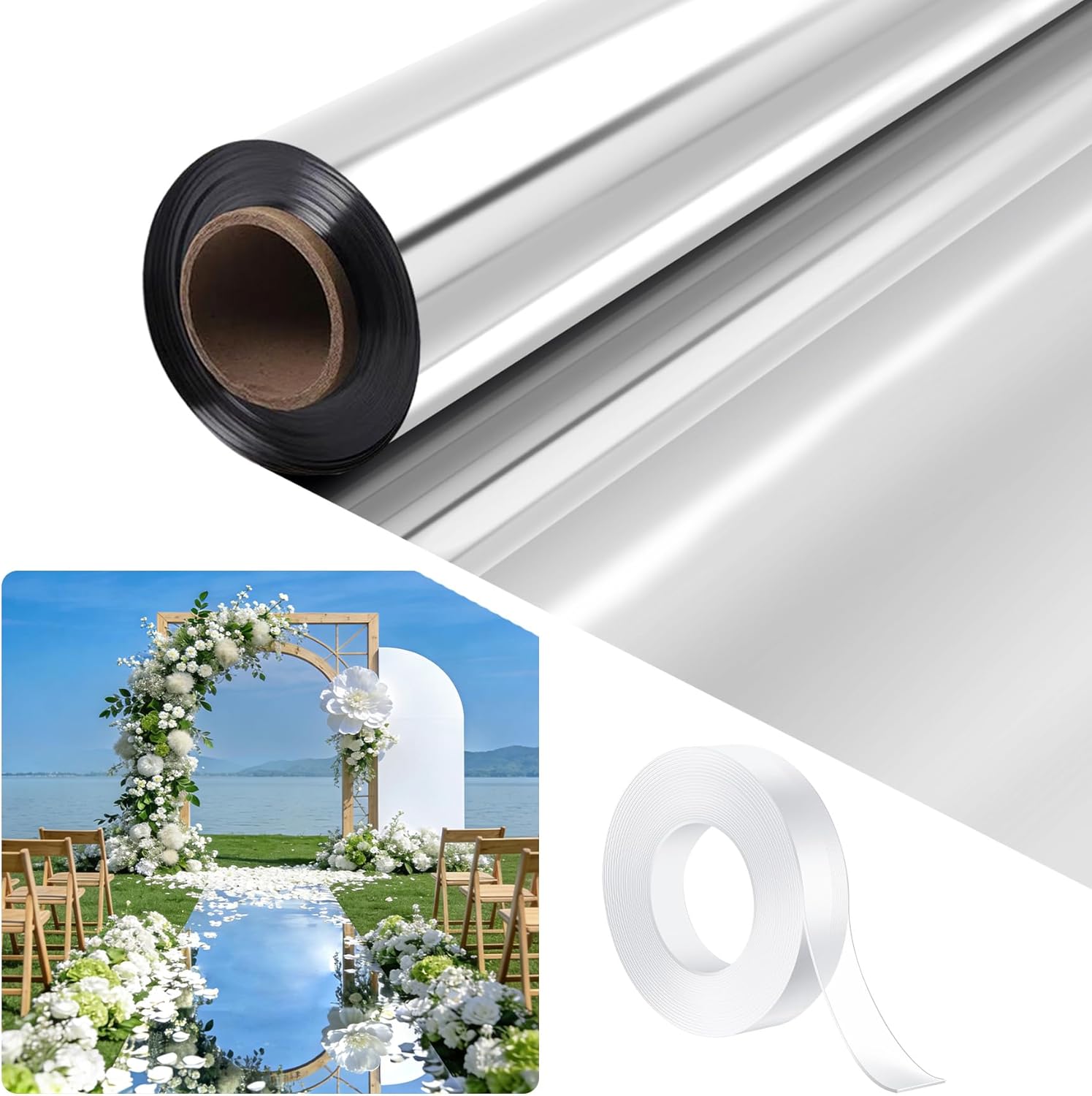 3.3x32.8ft Mirror Rug Aisle Runner for Wedding,Double Sided Bright Reflective Decorative Carpet for Birthday Graduation Party Ceremony Decor(Silver)