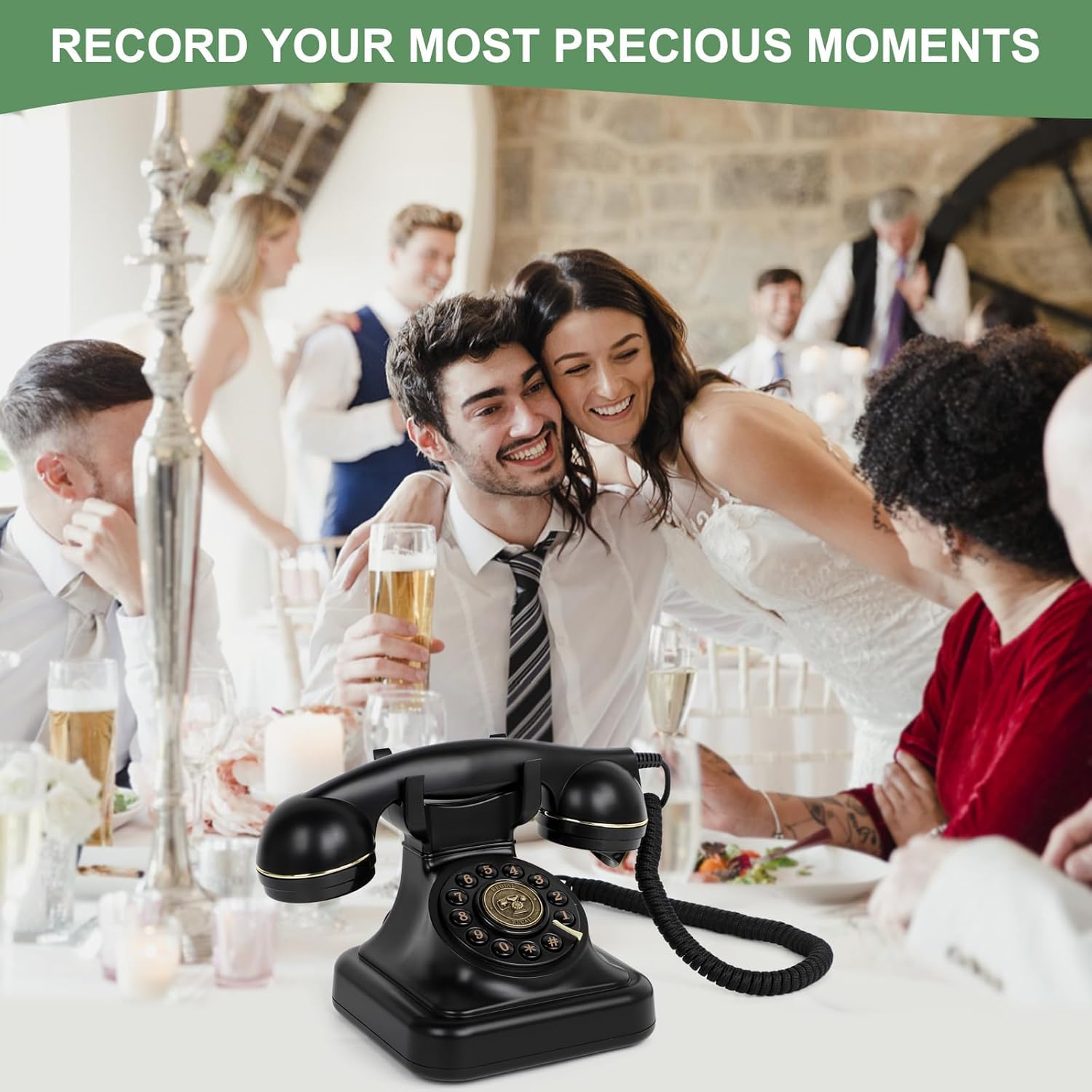RDYMONKEY Libro degli ospiti audio per matrimonio, telefono retrò per messaggi vocali personali, libro degli ospiti, alternativa per matrimoni, feste e compleanni, memoria da 8 GB (nero)