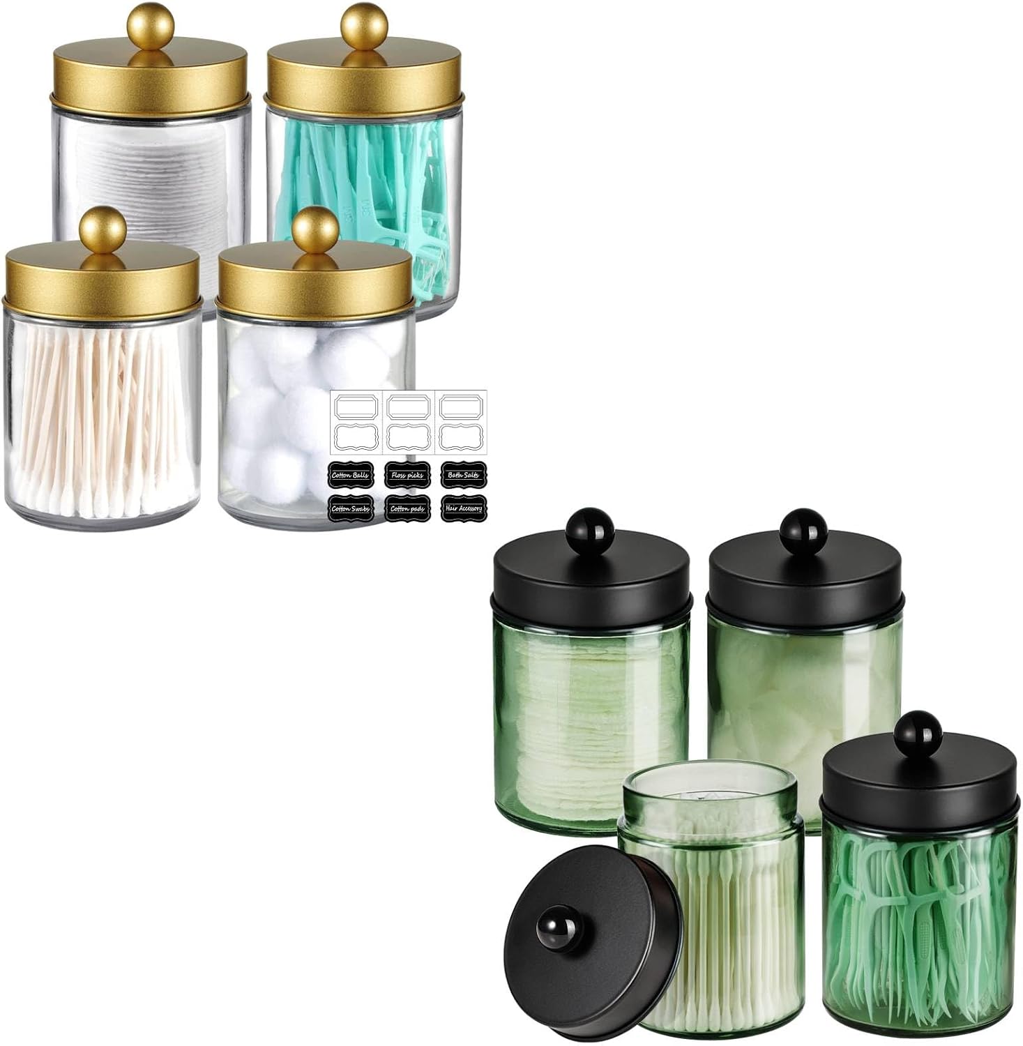 Amolliar Sage Green Apothecary Glass Jar With Metal Lid & Stickers, Bathroom Qtip Dispenser Storage Canister, Cotton Balls Swabs, Round Pads, Floss, Black 4 Pack with Glass Qtip Holder Gold 4 Pack