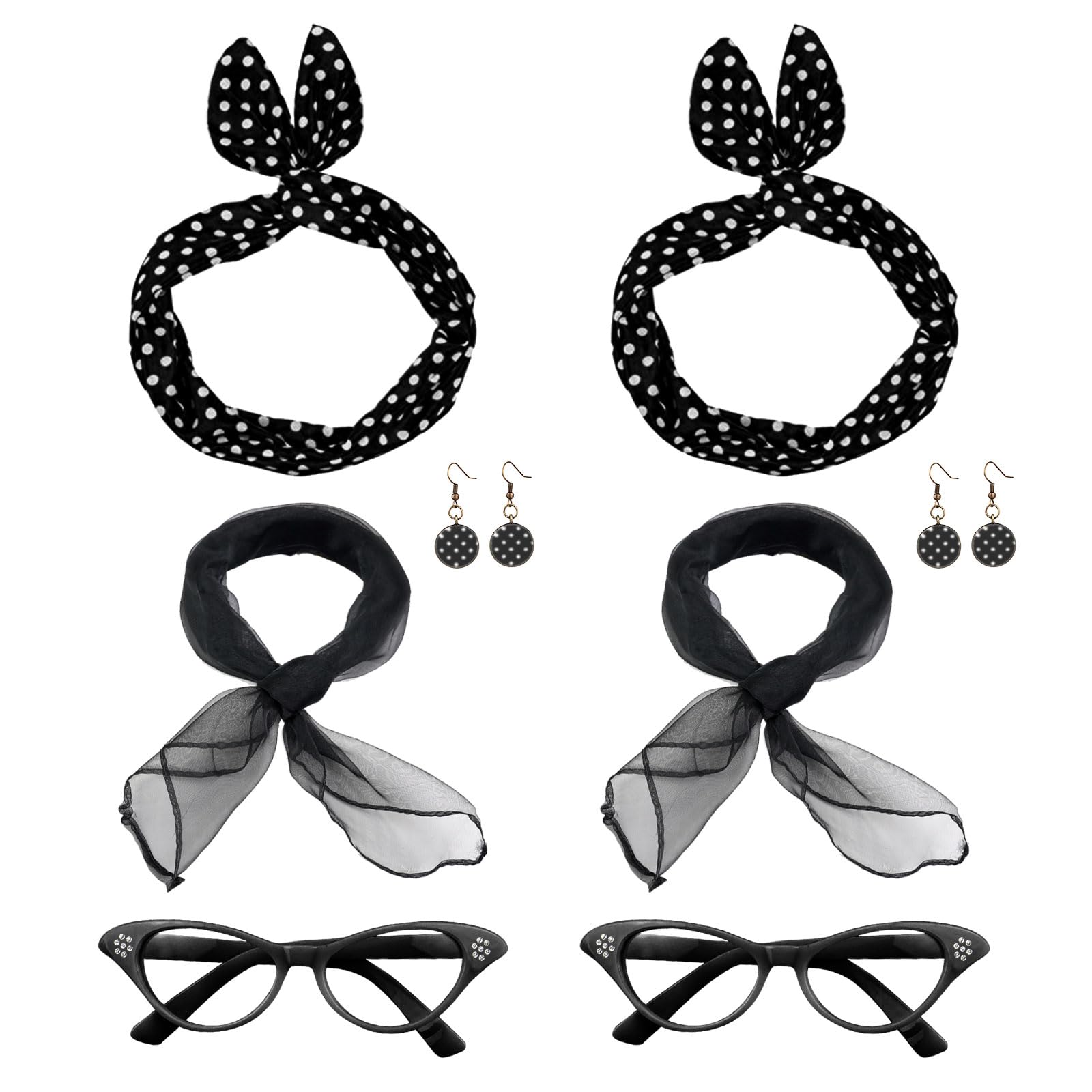 FUIPVGI 8 Pcs 50s Costume Accessories, Black Ladies Fancy Dress, 50s Fancy Dress Retro Accessories Set