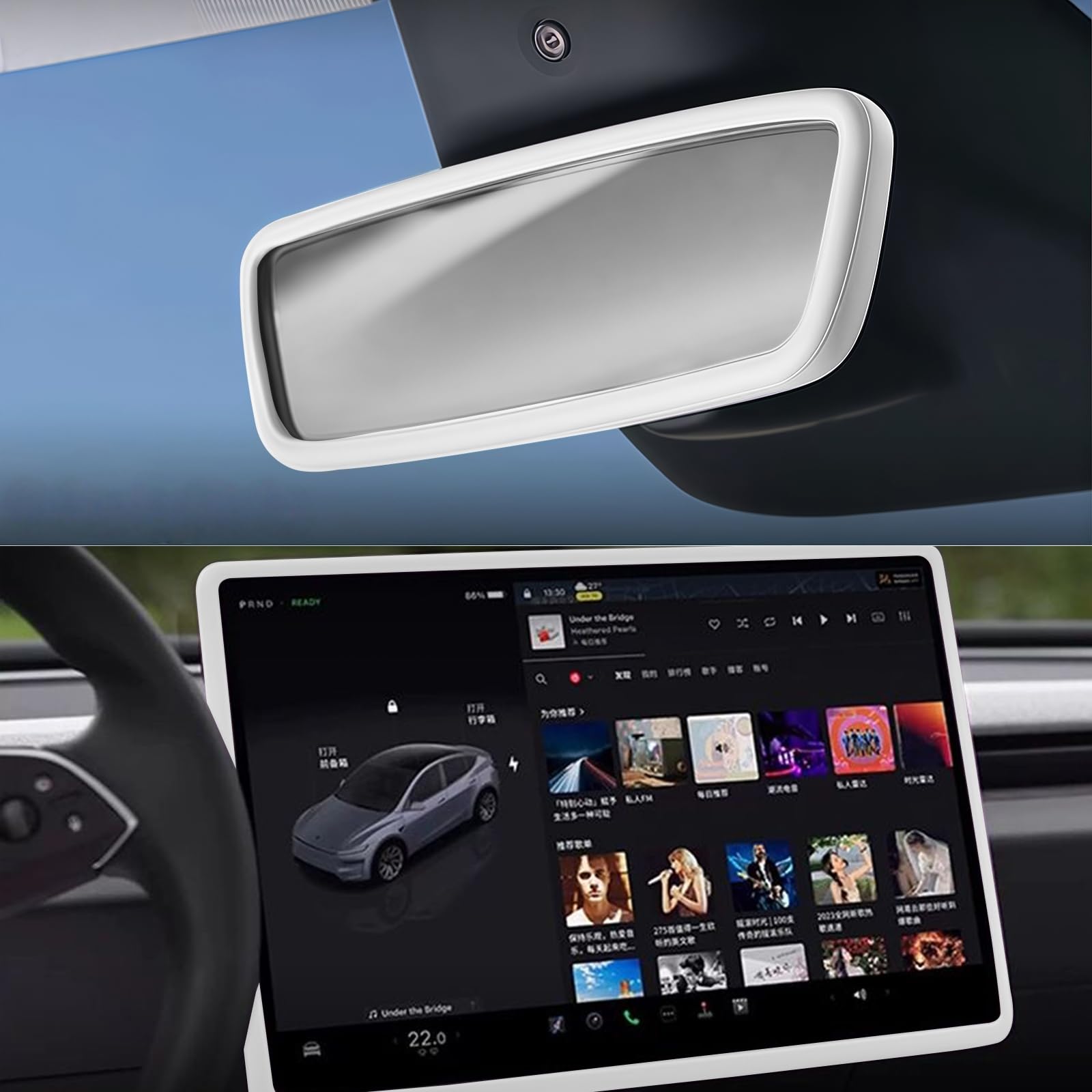 Photo 1 of 2 in 1 Interior Sets Protector Trim Frame Compatible with Tesla Model Y 3 Highland Juniper 2020-2025 2026 Accessories Screen Edge Trim Rearview Mirror Cover Decorations Center Console Decor (White)